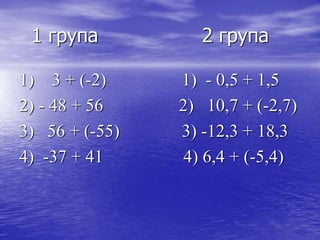 1 група 2 група
1) 3 + (-2) 1) - 0,5 + 1,5
2) - 48 + 56 2) 10,7 + (-2,7)
3) 56 + (-55) 3) -12,3 + 18,3
4) -37 + 41 4) 6,4 + (-5,4)
 