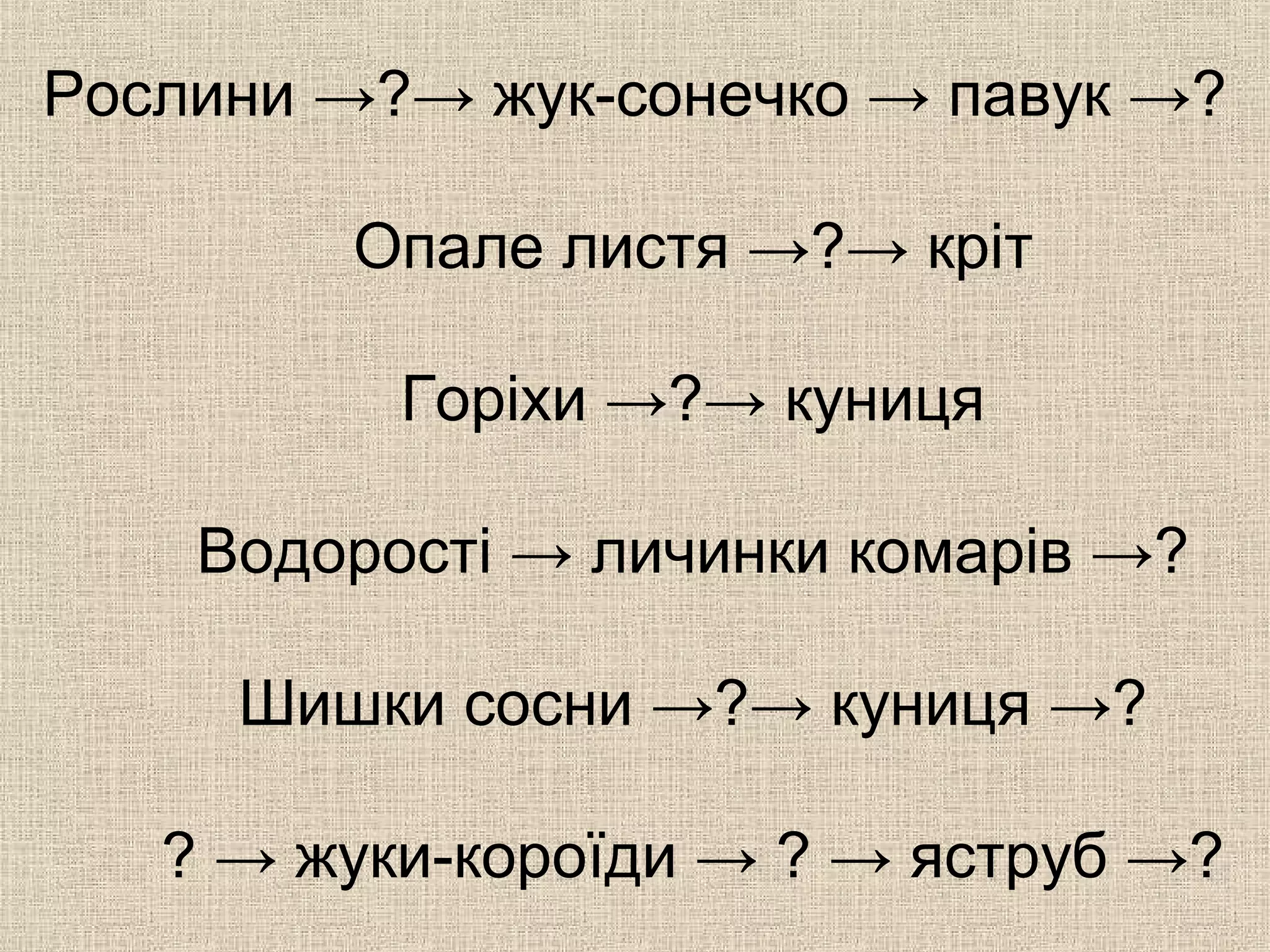Рослини →?→ жук-сонечко → павук →?
Опале листя →?→ кріт
Горіхи →?→ куниця
Водорості → личинки комарів →?
Шишки сосни →?→ куниця →?
? → жуки-короїди → ? → яструб →?
 