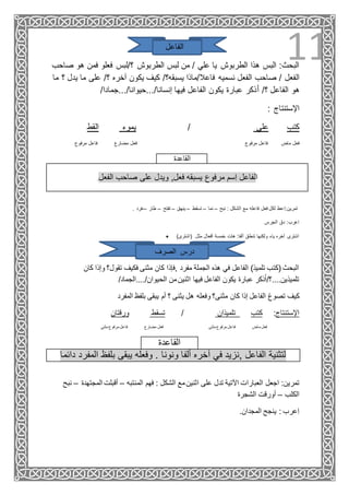 11‫الفاعل‬
‫هو‬ ‫فمن‬ ‫فعلو‬ ‫؟/لبس‬ ‫الطربوش‬ ‫لبس‬ ‫من‬ / ‫علي‬ ‫يا‬ ‫الطربوش‬ ‫هذا‬ ‫البس‬ :‫البحث‬‫صاحب‬
/ ‫الفعل‬‫ي‬ ‫ما‬ ‫على‬ /‫؟‬ ‫آخره‬ ‫يكون‬ ‫كيف‬ /‫يسبقه؟‬ ‫فاعال/ماذا‬ ‫نسميه‬ ‫الفعل‬ ‫صاحب‬‫ما‬ ‫؟‬ ‫دل‬
ُ‫ا‬ /‫؟‬ ‫الفاعل‬ ‫هو‬/‫إنسانا/...حيوانا/...جمادا‬ ‫فيها‬ ‫الفاعل‬ ‫يكون‬ ‫عبارة‬ ‫ذكر‬
: ‫اإلستنتاج‬
‫القط‬ ‫يموء‬ / ‫علي‬ ‫كتب‬
‫مرفوع‬ ‫فاعل‬ ‫ماض‬ ‫فعل‬‫مرفوع‬ ‫فاعل‬ ‫مضارع‬ ‫فعل‬
‫القاعدة‬
.‫الفعل‬ ‫صاحب‬ ‫على‬ ‫ويدل‬ ,‫فعل‬ ‫يسبقه‬ ‫مرفوع‬ ‫ِسم‬‫ا‬ ‫الفاعل‬
‫فاعله‬ ‫فعل‬ ‫لكل‬ ‫ِعط‬‫ا‬:‫تمرين‬‫نبح‬ : ‫الشكل‬ ‫مع‬–‫نما‬–‫تسقط‬–‫ينهق‬–‫تفتح‬–‫طار‬–. ‫غرد‬
‫الجرس‬ ‫دق‬ :‫ِعرب‬‫ا‬
 )‫(اشترى‬ ‫مثل‬ ‫أفعال‬ ‫خمسة‬ ‫هات‬ :‫ألفا‬ ‫تنطق‬ ‫ولكنها‬ ‫ياء‬ ‫آخره‬ ‫اشترى‬
‫الصرف‬ ‫درس‬
‫كان‬ ‫وإذا‬ ‫تقول؟‬ ‫فكيف‬ ‫مثنى‬ ‫كان‬ ‫,فإذا‬ ‫مفرد‬ ‫الجملة‬ ‫هذه‬ ‫في‬ ‫الفاعل‬ )‫تلميذ‬ ‫(كتب‬ ‫البحث‬
/‫الحيوان/....الجماد‬ ‫من‬‫اثنين‬ ‫فيها‬ ‫الفاعل‬ ‫يكون‬ ‫عبارة‬ ‫ذكر‬ُ‫ا‬/‫تلميذين....؟‬
‫تصوغ‬ ‫كيف‬‫وفع‬ ‫مثنى؟‬ ‫كان‬ ‫إذا‬ ‫الفاعل‬‫يثنى‬ ‫هل‬ ‫له‬‫؟‬‫المفرد‬ ‫بلفظ‬ ‫يبقى‬ ‫أم‬
‫ورقتان‬ ‫تسقط‬ / ‫تلميذان‬ ‫كتب‬ :‫اإلستنتاج‬
‫مثنى‬ ‫مرفوع‬ ‫فاعل‬ ‫ماض‬ ‫فعل‬‫مثنى‬ ‫مرفوع‬ ‫فاعل‬ ‫مضارع‬ ‫فعل‬
‫القاعدة‬
‫دائما‬ ‫المفرد‬ ‫بلفظ‬ ‫يبقى‬ ‫وفعله‬ . ‫ونونا‬ ‫ألفا‬ ‫آخره‬ ‫في‬ ‫,نزيد‬ ‫الفاعل‬ ‫لتثنية‬
‫اجعل‬ :‫تمرين‬‫المنتبه‬ ‫فهم‬ : ‫الشكل‬ ‫مع‬‫اثنين‬ ‫على‬ ‫تدل‬ ‫اآلتية‬ ‫العبارات‬–‫المجت‬ ‫أقبلت‬‫هدة‬–‫نبح‬
‫الكلب‬–‫الشجرة‬ ‫أورقت‬
.‫المجدان‬ ‫ينجح‬ : ‫ِعرب‬‫ا‬
 