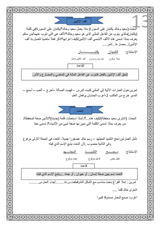 13‫اإلثنين‬ ‫ألف‬
‫السب‬ ‫على‬ ‫وخالد؟/يكتبان‬ ‫سعيد‬ ‫يعمل‬ ‫ماذا‬ )‫السبورة‬ ‫على‬ ‫يكتبان‬ ‫وخالد‬ ‫البحث:(سعيد‬‫كلمة‬ ‫ورة/في‬
‫الفاعل‬ ‫عن‬ ‫ينوب‬ ‫(يكتبان)مالذي‬‫عن‬ ‫تنوب‬ ‫التي‬ ‫هي‬ ‫وخالد؟األلف‬ ‫سعيد‬ ‫هو‬ ‫الذي‬ ‫المثنى‬‫منكم‬ ‫هما/من‬
‫تتص‬ ‫ماضيا‬ ‫فعال‬ ‫إعرابها؟اذكر‬ ‫اإلثنين/كيف‬ ‫ألف‬ ‫؟/تسمى‬ ‫األلف‬ ‫هذه‬ ‫تسمى‬ ‫بماذا‬ ‫يعرف‬‫ألف‬ ‫به‬ ‫ل‬
.....‫اإلثنين/...مضارعا.../أمر‬
‫يكتبـــــــــــــــــان‬ ‫التلميذان‬ :‫اإلستنتاج‬
‫مبتدأ‬‫مرفوع‬‫مرفوع‬ ‫مضارع‬ ‫فعل‬‫فاعل‬ ‫اإلثنين‬ ‫ألف‬
‫القاعدة‬
.‫واألمر‬ ‫والمضارع‬ ‫الماضي‬ ‫في‬ ‫المثنة‬ ‫الفاعل‬ ‫عن‬ ‫فتنوب‬ ‫بالفعل‬ ‫اإلثنين‬ ‫ألف‬ ‫تلحق‬
‫الدرس‬ ‫كتبت‬ ‫المثنى‬ ‫إلى‬ ‫األتية‬ ‫العبارات‬ ‫تمرين:حول‬–‫المسألة‬ ‫فهمت‬–‫أخرج‬–‫ألعب‬–‫أسمع‬–
‫المكتب‬ ‫من‬ ‫خرج‬ ‫المدير‬2-‫العلم‬ ‫يرفعان‬ ‫الجنديان‬ ‫أعرب‬
‫النعت‬
‫ا‬ ‫صفة‬ ‫(جديدة)؟/ألبين‬ ‫كلمة‬ ‫استعملت‬ ‫لماذا‬ /‫هذه...؟‬ ‫محفظة)/كيف‬ ‫سعيد‬ ‫(اشترى‬ :‫البحث‬/‫لمحفظة‬
‫نعتا‬ ‫تسمى‬ /‫األشياء؟‬ ‫من‬ ‫شيئ‬ ‫صفة‬ ‫بها‬ ‫نبين‬ ‫التي‬ ‫الكلمة‬ ‫تسمى‬ ‫بماذا‬ ‫يعرف‬ ‫من‬
‫العبارتين‬ ‫تأمل‬‫المجتهد‬ ‫التلميذ‬ ‫:نجح‬–‫جميال‬ ‫عصفورا‬ ‫خالد‬ ‫رسم‬-‫ا‬ ‫الجملة‬ ‫في‬ ‫التعت‬‫مرفوع‬ ‫ألولى‬
‫قبله‬ ‫الذي‬ ‫اإلسم‬ ‫يتبع‬ ‫النعت‬ ‫,ألن‬ ‫منصوب‬ ‫الثانية‬ ‫وفي‬
‫المجتـــــهد‬ ‫التلميــــــذ‬ ‫نـــجــــــح‬ :‫اإلستنتاج‬
‫مرفوع‬ ‫نعت‬ ‫مرفوع‬ ‫فاعل‬ ‫ماض‬ ‫فعل‬
‫قاعدة‬
‫قبله‬ ‫الذي‬ ‫اإلسم‬ ‫ويتبع‬ , ‫جماد‬ ‫أو‬ , ‫حيوان‬ ‫أو‬ , ‫إنسان‬ ‫صفة‬ ‫يبين‬ ‫إسم‬ ‫النعت‬
.........‫الحارس‬ ‫وردة........./جاء‬ ‫التام:قطفت‬ ‫الشكل‬ ‫مع‬ ‫مناسب‬ ‫بنعت‬ ‫الفراغ‬ ‫إمال‬ : ‫تمرين‬.
. ‫قلما‬ ‫خالد‬ ‫اشترى‬....
‫كبيرا‬ ‫صندوقا‬ ‫النجار‬ ‫صنع‬ :‫اعرب‬
 