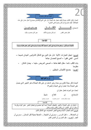 20‫وخبرها‬ ‫كان‬ ‫اسم‬ ‫تثنية‬
‫الجملة‬ ‫هذه‬ ‫تجعل‬ ‫كيف‬ )‫جديدا‬ ‫الكتاب‬ ‫(كان‬ :‫البحث‬‫ه‬ ‫على‬ ‫صار‬ ‫أدخل‬ )‫جديدان‬ ‫اثنين؟(الكتابان‬ ‫على‬ ‫تدل‬‫ذه‬
‫المثنى؟‬ ‫في‬ ‫وخبرها‬ ‫كان‬ ‫اسم‬ ‫تصوغ‬ ‫كيف‬ ‫الجملة/إذا‬
‫جـــديــديـــن‬ ‫الكتـــابــان‬ ‫كـــــــــــــان‬ : ‫اإلستنتاج‬
‫بالياء‬ ‫منصوب‬ ‫كان‬ ‫خبر‬ ‫باأللف‬ ‫مرفوع‬ ‫كان‬ ‫ِسم‬‫ا‬ ‫ناقص‬ ‫ماض‬ ‫فعل‬
‫القاع‬‫دة‬
‫ونونا‬ ‫خبرهاياء‬ ‫أخر‬ ‫في‬ ‫ونزيد‬ ‫ونونا‬ ‫ألفا‬ ‫اسمها‬ ‫أخر‬ ‫في‬ ‫نزيد‬ ‫وخبرها‬ ‫كان‬ ‫اسم‬ ‫لتثنية‬
– ‫فسيحا‬ ‫الميدان‬ ‫التام:ليس‬ ‫الشكل‬ ‫مع‬ ‫اثنين‬ ‫عل‬ ‫تدل‬ ‫اآلتية‬ ‫العبارات‬ ‫اجعل‬ :‫تمرين‬
‫فقيرا‬ ‫الغني‬ ‫أمسى‬–‫جائعا‬ ‫الحصان‬ ‫أصبح‬
- ‫نائما‬ ‫الكلب‬ ‫بات‬–‫خائفا‬ ‫القط‬ ‫ظل‬–‫سليما‬ ‫المريض‬ ‫أضحى‬-‫ال‬ ‫يضل‬‫دكان‬
‫مفتوحا‬
- ‫نشيطين‬ ‫التلميذان‬ ‫يصبح‬ :‫اعرب‬
‫وأخواتها‬ ‫إن‬
‫ح‬ ‫الذي‬ ‫التغيير‬ ‫ماهو‬ /‫الجملة‬ ‫تلك‬ ‫على‬ ‫إن‬ ‫/ادخل‬ ‫وخبر‬ ‫مبتدإ‬ ‫من‬ ‫تتكون‬ ‫جملة‬ ‫البحث:اذكر‬‫صل‬
/‫والخبر؟‬ ‫المبتدأ‬ ‫في‬ ‫إن‬ ‫تعمل‬ ‫ماذا‬ /‫المبتدأ‬ ‫على‬
‫إن‬ ‫عمل‬ ‫تعمل‬ ‫أحرف‬ ‫عن‬ ‫ابحث‬
:‫اإلستنتاج‬‫نشيط‬ ‫الفالح‬ ‫إن‬
‫ونصب‬ ‫توكيد‬ ‫حرف‬‫مرفوع‬ ‫إن‬ ‫خبر‬ ‫منصوب‬ ‫إن‬ ‫ِسم‬‫ا‬
‫القاعدة‬
‫ل‬ ‫خبرا‬ ‫الخبر‬ ‫منصوبا,وتجعل‬ ‫لها‬ ‫إسما‬ ‫المبتدأ‬ ‫,فتجعل‬ ‫والخبر‬ ‫المبتدأ‬ ‫على‬ ‫إن‬ ‫تدخل‬‫مرفوعا‬ ‫ها‬ ;
.‫أن,وكأن,ولكن,وليت,ولعل‬ :‫العمل‬ ‫في‬ ‫إن‬ ‫ومثل‬
:‫التام‬ ‫الشكل‬ ‫مع‬ ‫المحدوف‬ ‫الخبر‬ ‫بوضع‬ ‫اآلتية‬ ‫الجمل‬ ‫تمرين:أتمم‬
‫أن‬ ‫يسرني‬ -...‫البستان‬ ‫لكن‬ ‫جميلة‬ ‫الحديقة‬ -...‫النتيجة‬ ‫أن‬ ‫يسرتي‬ -...‫الدرس‬ ‫لعل‬ – ...‫المضافة‬ ‫إن‬
.‫قادم‬ ‫المدير‬ ‫أن‬ ‫المدرس‬ ‫علم‬ : ‫العيد.../إعرب‬
 