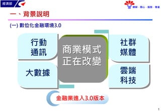 經濟部
瞭解．關心．服務．尊重
商業模式
正在改變
金融業進入3.0版本
行動
通訊
大數據
社群
媒體
雲端
科技
商業模式
正在改變
一、背景說明
(一) 數位化金融環境3.0
1
 