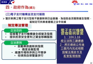 經濟部
瞭解．關心．服務．尊重
22
(三)電子支付機構金流支付服務
制定專法管理
• 促進電子支付機構健全經營及發展
• 提供民眾安全便利之資金移轉服務
立法目的
• 鼓勵業務創新與發展
• 適度金融監理
• 維護市場秩序與公平競爭
• 他律與自律雙重併行
立法原則
 鑒於新興之電子支付型態不斷創新與日益普遍，為協助金流服務健全發展，
爰制定可供業者遵循之法令依據
電子支付機構
管理條例草案
1、104.1.16
經立法院三讀通過
2、將於總統公布後
三個月內完成相關
授權法規命令及
配套監理措施
四、政府作為(續3)
 