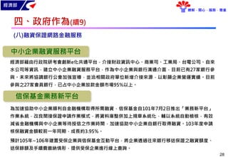 經濟部
瞭解．關心．服務．尊重
28
(八)融資保證網路金融服務
為加速協助中小企業順利自金融機構取得所需融資，信保基金自101年7月2日推出「業務新平台」
作業系統，改良間接保證申請作業模式，將資料庫整併加上規章系統化，輔以系統自動檢核，有效
減省金融機構與中小企業等待授信之作業時間，加速協助中小企業自銀行取得融資。103年度申請
核保融資金額較前一年同期，成長約3.95%。
預計105年~106年建置受保企業與信保基金互動平台，將企業透過往來銀行移送保證之融資額度、
送保餘額及手續費繳納情形，提供受保企業進行線上查詢。
中小企業融資服務平台
經濟部藉由行政院研考會創新e化共通平台，介接財政資訊中心、商業司、工業局、台電公司、自來
水公司等資訊，建立中小企業融資服務平台，作為中小企業與銀行溝通介面，目前已有27家銀行參
與。未來將協調銀行公會加強宣導，並洽相關政府單位新增介接來源，以彰顯企業營運實績。目前
參與之27家會員銀行，已占中小企業放款金額市場95%以上。
信保基金業務新平台
四、政府作為(續9)
 