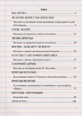 5
Зміст
ВІД АВТОРА………………………………………………… 6
ЯК КОТИК ДЕННІ СТАВ ДОРОСЛИМ
Вистава за мотивами казки вихованця літературної студії
В.Скобцова………………………………………………… 9
СЕРЦЕ МАТЕРІ
Вистава на морально-етичну тематику………………….. 14
ЛІСОВА ПРИГОДА
Вистава на природоохоронну тематику………………… 20
ВОГОНЬ – НАШ ДРУГ ЧИ ВОРОГ?
Вистава з правил протипожежної безпеки……………… 25
В ГОСТЯХ У СВІТЛОФОРА МОРГАЙКА
Вистава з правил дорожнього руху………………………….35
СОНЯЧНИЙ ЗАЙЧИК
Вистава за мотивами казки В. Нестайка………………….47
ПРИГОДИ БУРАТІНО
За мотивами казки О. Толстого «Золотий ключик»……. 59
ПРИГОДИ ВЕЛЕТНЯ
За мотивами одноіменного телевізійного мультсеріалу
«Шрек»…………………………………………………….. 72
ПЕРСТЕНЬ СНІГУРОНЬКИ
Казковий мікс……………………………………………… 88
ЛІТЕРАТУРА……………………………………………… 106
 