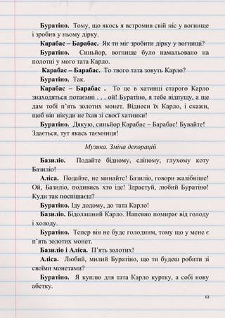 63
Буратіно. Тому, що якось я встромив свій ніс у вогнище
і зробив у ньому дірку.
Карабас – Барабас. Як ти міг зробити дірку у вогнищі?
Буратіно. Синьйор, вогнище було намальовано на
полотні у мого тата Карло.
Карабас – Барабас. То твого тата зовуть Карло?
Буратіно. Так.
Карабас – Барабас . То це в хатинці старого Карло
знаходяться потаємні . . . ой! Буратіно, я тебе відпущу, а ще
дам тобі п’ять золотих монет. Віднеси їх Карло, і скажи,
щоб він нікуди не їхав зі своєї хатинки!
Буратіно. Дякую, синьйор Карабас – Барабас! Бувайте!
Здається, тут якась таємниця!
Музика. Зміна декорацій
Базиліо. Подайте бідному, сліпому, глухому коту
Базиліо!
Аліса. Подайте, не минайте! Базиліо, говори жалібніше!
Ой, Базиліо, подивись хто іде! Здрастуй, любий Буратіно!
Куди так поспішаєш?
Буратіно. Іду додому, до тата Карло!
Базиліо. Бідолашний Карло. Напевно помирає від голоду
і холоду.
Буратіно. Тепер він не буде голодним, тому що у мене є
п’ять золотих монет.
Базиліо і Аліса. П’ять золотих!
Аліса. Любий, милий Буратіно, що ти будеш робити зі
своїми монетами?
Буратіно. Я куплю для тата Карло куртку, а собі нову
абетку.
 
