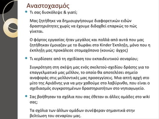 Αναστοχασμός
 Τι σας δυσκόλεψε & γιατί;
Μας ζητήθηκε να δημιουργήσουμε διαφορετικών ειδών
δραστηριότητες χωρίς να έχουμε διδαχθεί επαρκώς το πώς
γίνεται.
Ο φόρτος εργασίας ήταν μεγάλος και πολλά από αυτά που μας
ζητήθηκαν έμοιαζαν με το δωράκι στο Kinder Έκπληξη, μόνο που η
έκπληξη μας προκάλεσε στομαχόπονο (κοινώς: άγχος)
 Τι κερδίσατε από τη σχεδίαση του εκπαιδευτικού σεναρίου;
Συγκρότηση στη σκέψη μας ενός σκελετού-σχεδίου δράσης για το
επαγγελματικό μας μέλλον, το οποίο θα αποτελέσει σημείο
αναφοράς στις μελλοντικές μας προσεγγίσεις. Μια απτή αρχή στο
μίτο της Αριάδνης για να μην χαθούμε στο λαβύρινθο, που είναι ο
σχεδιασμός συγκροτημένων δραστηριοτήτων στο νηπιαγωγείο.
 Σας βοήθησαν τα σχόλια που σας έθεταν οι άλλες ομάδες στο wiki
σας;
Τα σχόλια των άλλων ομάδων συνέφεραν σημαντικά στην
βελτίωση του σεναρίου μας.
 