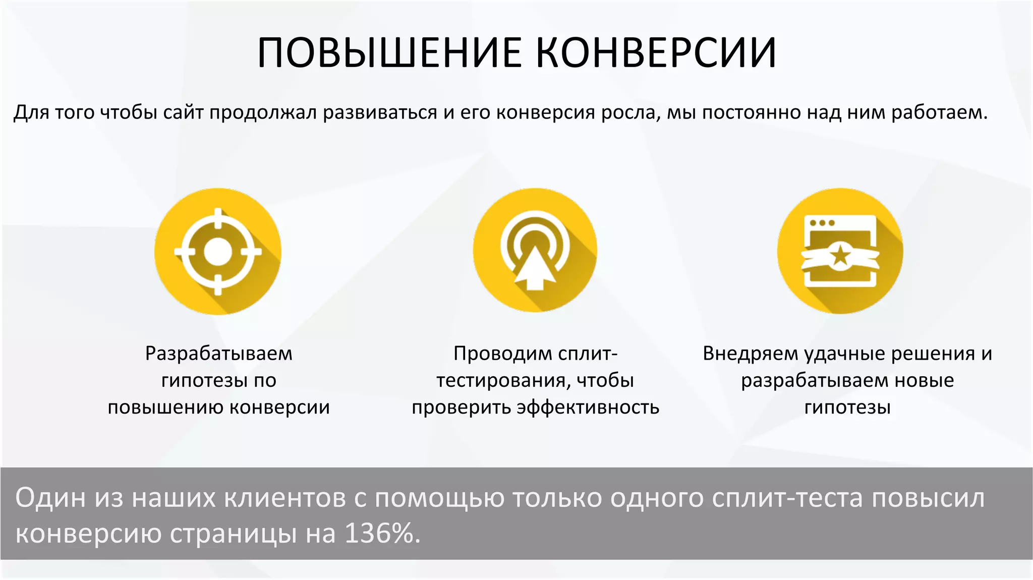 ПОВЫШЕНИЕ КОНВЕРСИИ
Для того чтобы сайт продолжал развиваться и его конверсия росла, мы постоянно над ним работаем.
Разрабатываем
гипотезы по
повышению конверсии
Проводим сплит-
тестирования, чтобы
проверить эффективность
Внедряем удачные решения и
разрабатываем новые
гипотезы
Один из наших клиентов с помощью только одного сплит-теста повысил
конверсию страницы на 136%.
 