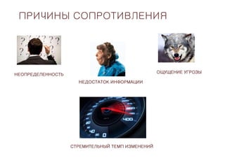 ПРИЧИНЫ СОПРОТИВЛЕНИЯ
НЕОПРЕДЕЛЕННОСТЬ
НЕДОСТАТОК ИНФОРМАЦИИ
ОЩУЩЕНИЕ УГРОЗЫ
СТРЕМИТЕЛЬНЫЙ ТЕМП ИЗМЕНЕНИЙ
 