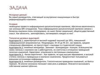 ЗАДАЧА
Исходные данные:
Вы новый руководитель, отвечающий за внутренние коммуникации в быстро
реформирующейся компании.
Условия:
необходимо провести информационно-разъяснительную кампанию, обеспечив вовлеченность
как минимум 60% сотрудников. Тема информационно-разъяснительной кампании связана с
бизнесом компании очень опосредовано, но имеет более сакральный, общегосударственный
смысл. Как объяснить, заинтересовать, мотивировать каждую из них?
Типология целевых аудиторий:
Аудитория № 1: характеризуется высокой кадровой текучкой (до 30%), повышенной
информационной загруженностью. Неоднородна. От 25 до 45 лет, как правило, среднее
специальное образование, но присутствуют и выходцы со студенческой скамьи.
Аудитория № 2: линейные менеджеры. Занимают «выжидающую» позицию. В большинстве
своем лояльны к компании как к работодателю, но скептичны в отношении проводимой
политики изменений. Характерна утомленность постоянными изменениями.
Аудитория № 3: «белые воротнички». Как правило, не одно высшее образование, в высокой
степени лояльны к проводимым в компании изменениям. Предпочитают пользоваться
внешними источниками информации.
Аудитория № 4: линейные руководители. Гипотетические проводники изменений, но боятся
перемен. Не вполне осознанно понимают свою роль в реформе. Опасаются высказывать
собственное мнение публично.
 