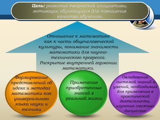 Цель: развития творческой инициативы,
мотивации обучающихся для повышения
качества обучения».
Отношение к математике
как к части общечеловеческой
культуры, понимание значимости
математики для научно-
технического прогресса.
Раскрытие внутренней гармонии
математики.
Формирование
представлений об
идеях и методах
математики как
универсального
языка науки и
техники
Овладевание
системой знаний и
умений, необходимых
для применения в
практической
деятельности,
изучения смежных
дисциплин
Применение
приобретенных
знаний в
реальной жизни
 