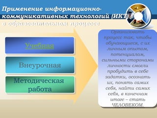 Учебная
Внеурочная
Методическая
работа
Организовать
процесс так, чтобы
обучающиеся, с их
личным опытом,
потенциалом,
сильными сторонами
личности смогли
пробудить в себе
задатки, осознать
их, понять самих
себя, найти самих
себя, в конечном
итоге – стать
ЧЕЛОВЕКОМ.
Применение информационно-
коммуникативных технологий (ИКТ)
в образовательном процессе
 