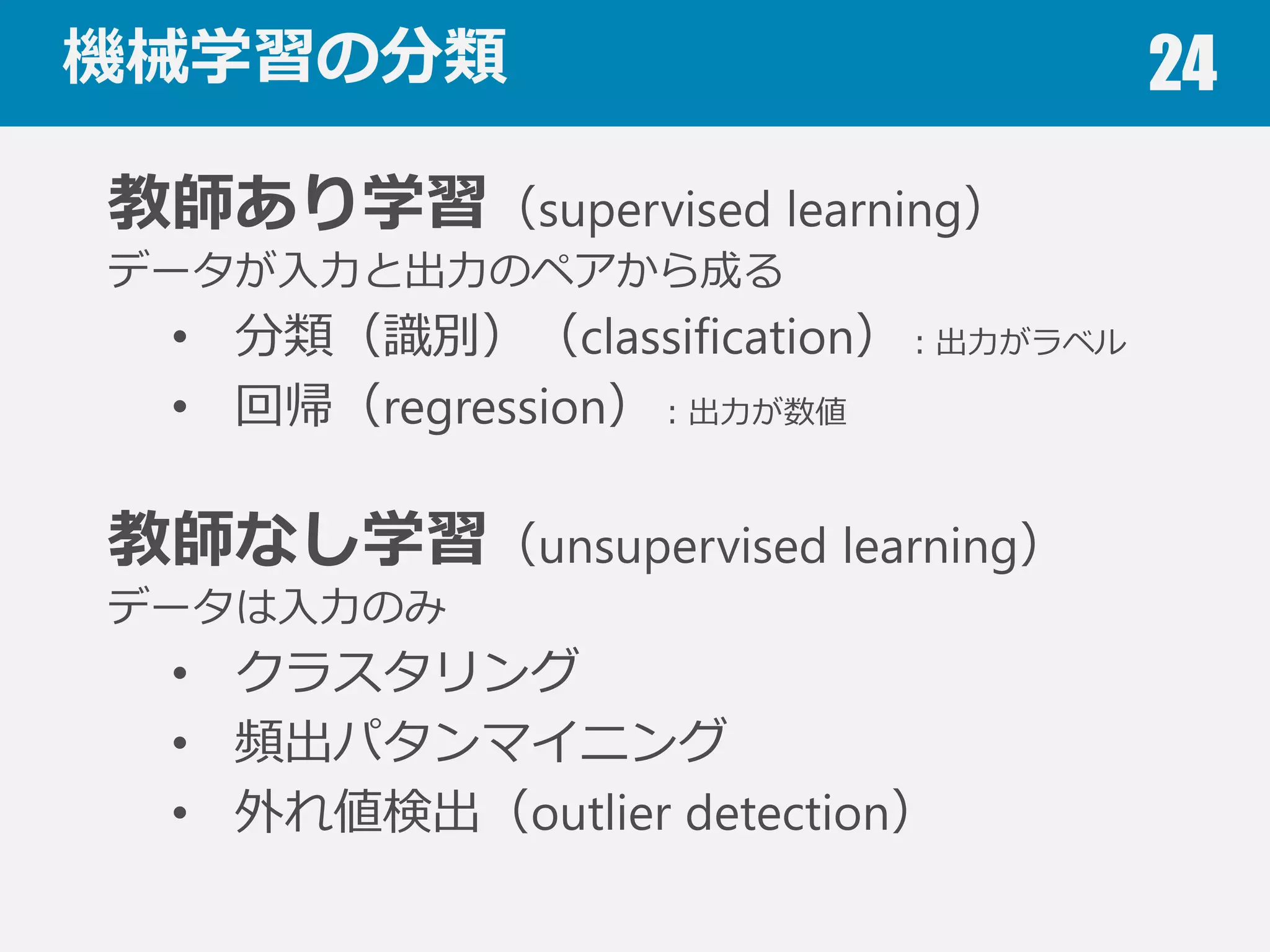 機械学習とは 24
“Machine learning is the science of getting
computers to act without being explicitly
programmed.” Andrew Ng
⼀一般的にはコンピュータの振る舞い⽅方（モデル）を
（⼤大量量の）データから学習することにより獲得する．
 
