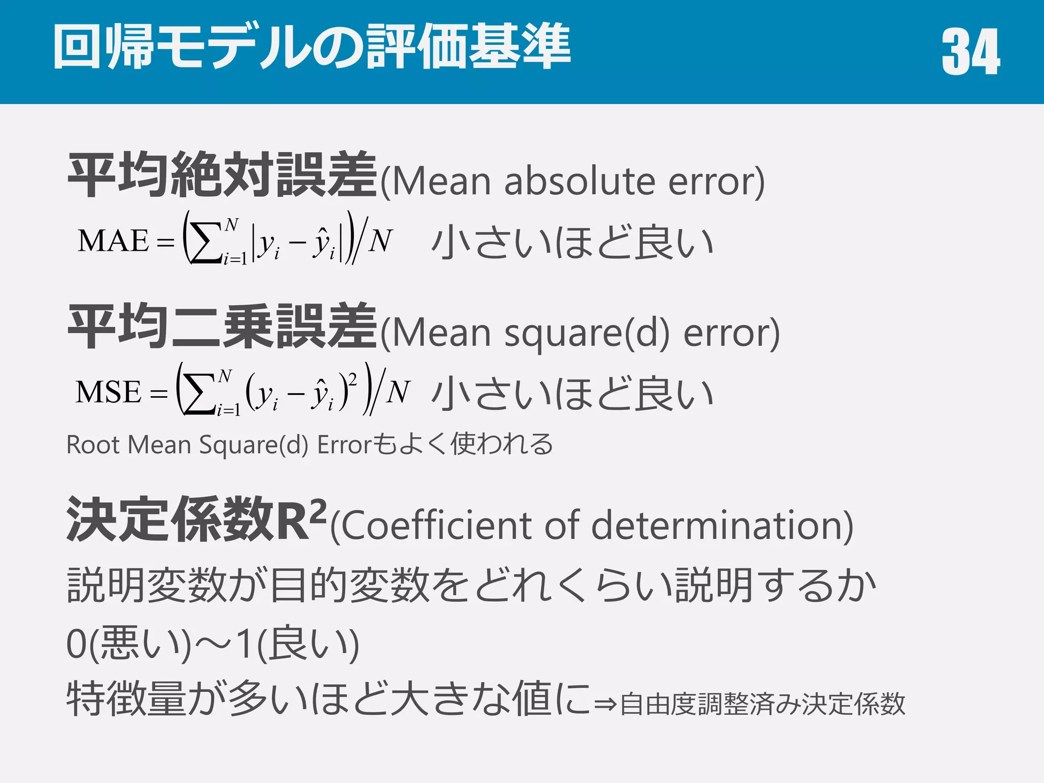 本⽇日お話すること 34
1. データのこと
Keywords: ダミー変数，⽋欠損値，正規化，次元の呪い
2. 機械学習のこと
Keywords: 機械学習の分類，アルゴリズム，注意点
3. 評価のこと
Keywords: 混同⾏行行列列，適合率率率，再現率率率，F値，ROC曲線
4. 分析のこと
Keywords: 過学習，交差検証，学習曲線，バイアス・バリアンス
 