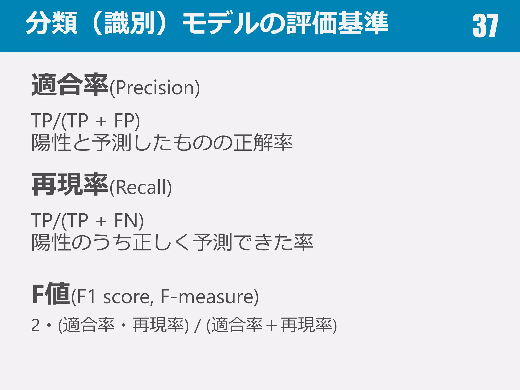 分類（識識別）モデルの評価基準 37
混同⾏行行列列(Confusion matrix)
予測値
陽性 (Positive) 陰性 (Negative)
正
解
陽性
真陽性
(True positive : TP)
偽陰性
(False negative : FN)
陰性
偽陽性
(False positive : FP)
真陰性
(True  negative  :  TN)
※予測したい事象が⽣生じている状態が「陽性」
病気を判別したければ，病気の状態が「陽性」で健康な状態が「陰性」
 
