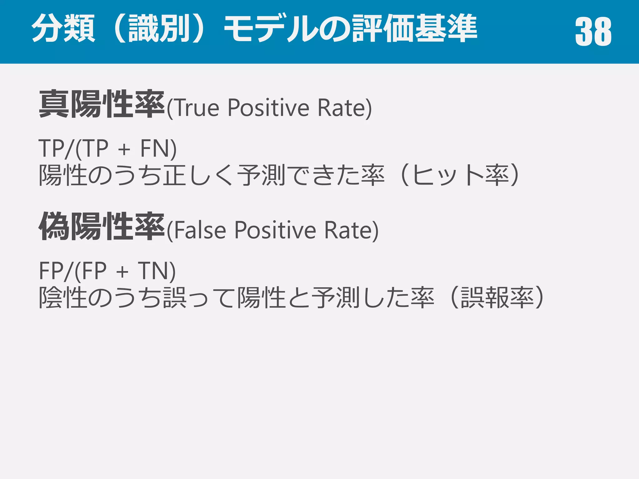 分類（識識別）モデルの評価基準 38
適合率率率(Precision)
TP/(TP + FP)
陽性と予測したものの正解率率率
再現率率率(Recall)
TP/(TP + FN)
陽性のうち正しく予測できた率率率
F値(F1 score, F-measure)
2・(適合率率率・再現率率率) / (適合率率率＋再現率率率)
 