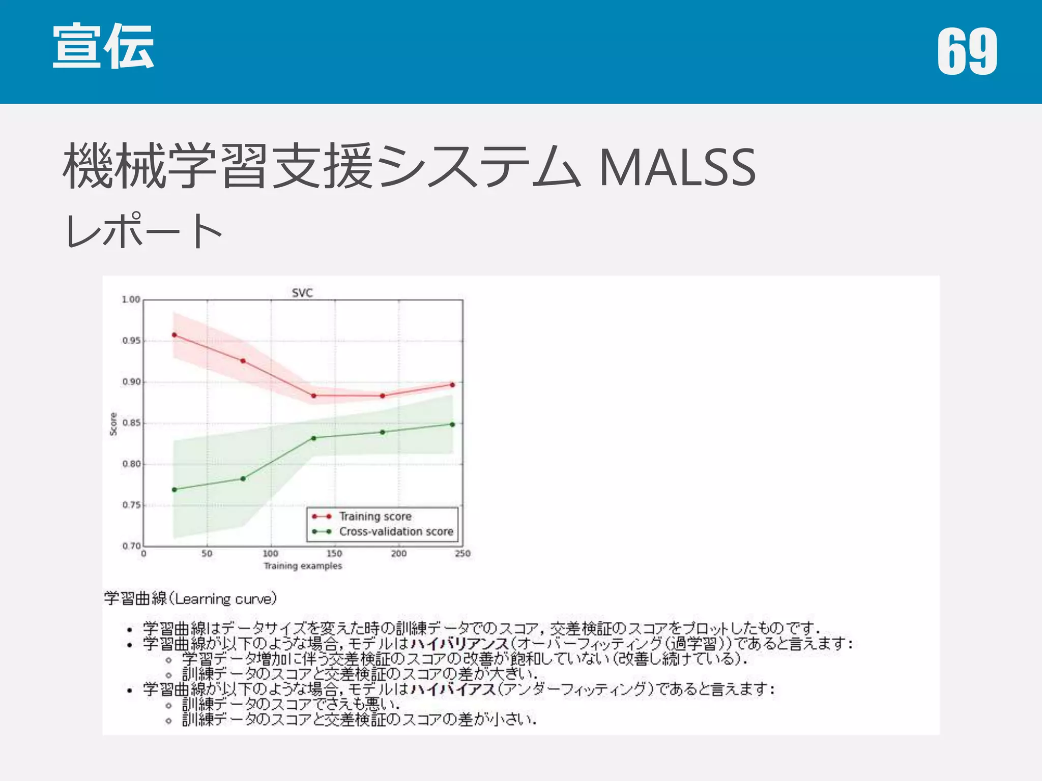 宣伝 69
機械学習⽀支援システム MALSS
(Machine Learning Support System)
機械学習によるデータ分析の⼀一部を⾃自動化する
Pythonライブラリ
機能
• ダミー変数⽣生成，⽋欠損値補間，正規化
• アルゴリズム⾃自動選択
• 交差検証，グリッドサーチ
• 分析結果レポート
• サンプルコード⽣生成
 