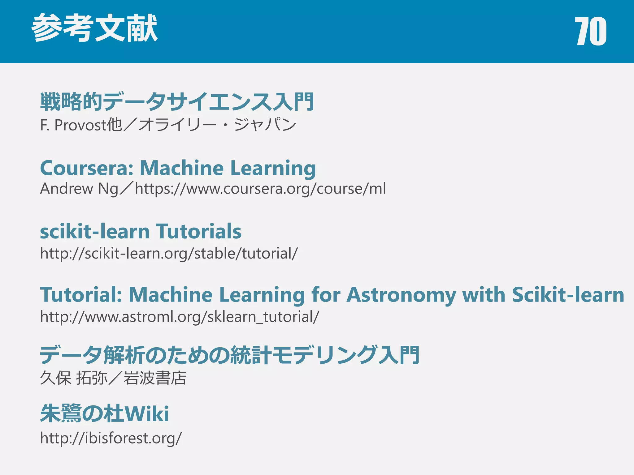 宣伝 70
機械学習⽀支援システム MALSS
インストール
利利⽤用⽅方法
> pip install –U malss
> from malss import MALSS
> clf = MALSS('classification‘, lang=‘jp’)
> clf.fit(X, y, ‘report_output_dir')
> clf.make_sample_code('sample_code.py')
 