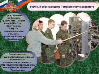 Учебный военный центр Томского госуниверситетаУчебный военный центр Томского госуниверситета
Срок обученияСрок обучения
на базовомна базовом
факультете – 5,5 летфакультете – 5,5 лет
(для ФИЯ – 5 лет).(для ФИЯ – 5 лет).
ВыпускникамВыпускникам
УВЦ ТГУУВЦ ТГУ
выдается дипломвыдается диплом
о высшемо высшем
профессиональномпрофессиональном
образовании.образовании.
Специальности:Специальности:
«Радиоэлектронные системы«Радиоэлектронные системы
и комплексы»,и комплексы»,
квалификация «Инженер»;квалификация «Инженер»;
«Перевод и переводоведение»,«Перевод и переводоведение»,
квалификация «Лингвист.квалификация «Лингвист.
Переводчик»Переводчик»
 