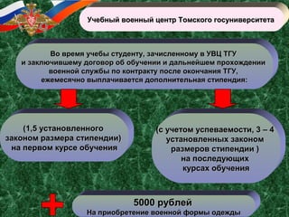 Во время учебы студенту, зачисленному в УВЦ ТГУВо время учебы студенту, зачисленному в УВЦ ТГУ
и заключившему договор об обучении и дальнейшем прохождениии заключившему договор об обучении и дальнейшем прохождении
военной службы по контракту после окончания ТГУ,военной службы по контракту после окончания ТГУ,
ежемесячно выплачивается дополнительная стипендия:ежемесячно выплачивается дополнительная стипендия:
Учебный военный центр Томского госуниверситетаУчебный военный центр Томского госуниверситета
(1,5 установленного(1,5 установленного
законом размера стипендии)законом размера стипендии)
на первом курсе обученияна первом курсе обучения
(с учетом успеваемости, 3 – 4(с учетом успеваемости, 3 – 4
установленных закономустановленных законом
размеров стипендии )размеров стипендии )
на последующихна последующих
курсах обучениякурсах обучения
5000 рублей5000 рублей
На приобретение военной формы одеждыНа приобретение военной формы одежды
 