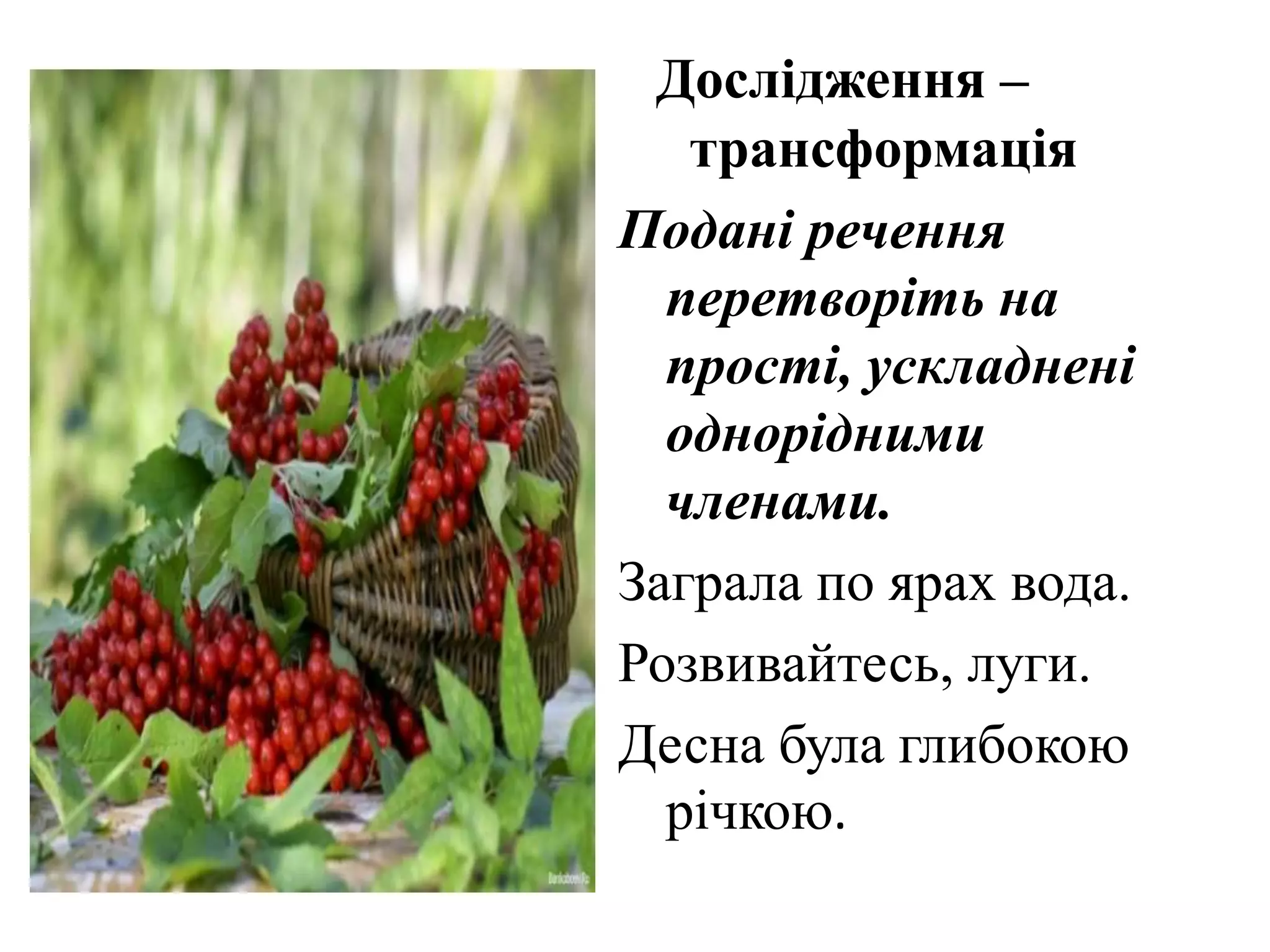 Дослідження –
трансформація
Подані речення
перетворіть на
прості, ускладнені
однорідними
членами.
Заграла по ярах вода.
Розвивайтесь, луги.
Десна була глибокою
річкою.
 