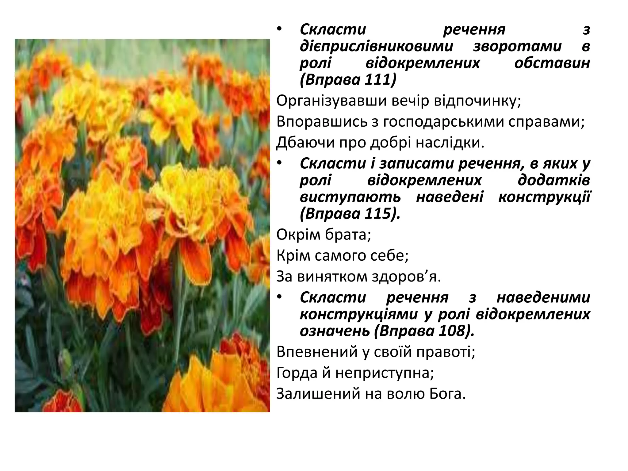 • Скласти речення з
дієприслівниковими зворотами в
ролі відокремлених обставин
(Вправа 111)
Організувавши вечір відпочинку;
Впоравшись з господарськими справами;
Дбаючи про добрі наслідки.
• Скласти і записати речення, в яких у
ролі відокремлених додатків
виступають наведені конструкції
(Вправа 115).
Окрім брата;
Крім самого себе;
За винятком здоров’я.
• Скласти речення з наведеними
конструкціями у ролі відокремлених
означень (Вправа 108).
Впевнений у своїй правоті;
Горда й неприступна;
Залишений на волю Бога.
 