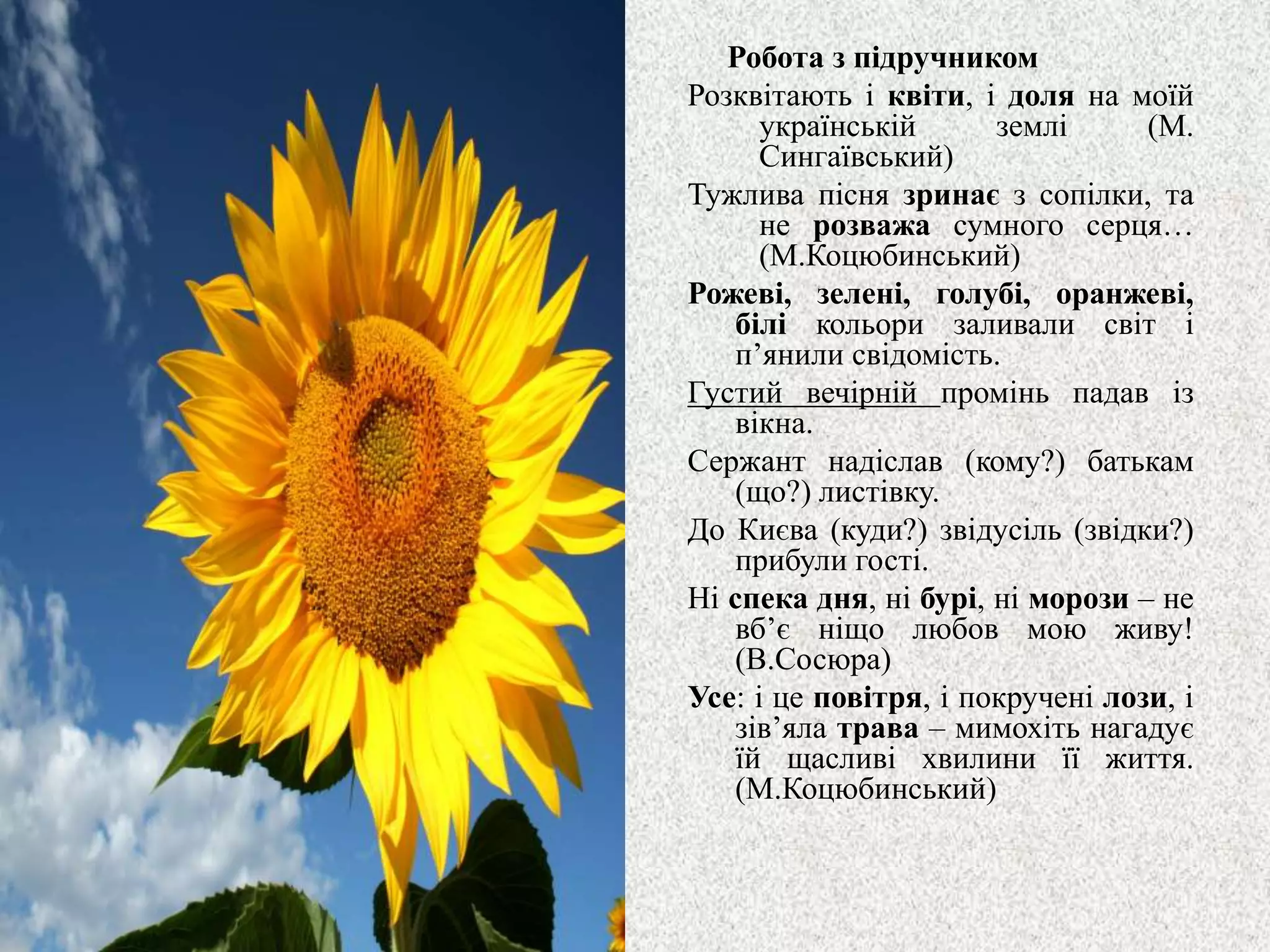 Робота з підручником
Розквітають і квіти, і доля на моїй
українській землі (М.
Сингаївський)
Тужлива пісня зринає з сопілки, та
не розважа сумного серця…
(М.Коцюбинський)
Рожеві, зелені, голубі, оранжеві,
білі кольори заливали світ і
п’янили свідомість.
Густий вечірній промінь падав із
вікна.
Сержант надіслав (кому?) батькам
(що?) листівку.
До Києва (куди?) звідусіль (звідки?)
прибули гості.
Ні спека дня, ні бурі, ні морози – не
вб’є ніщо любов мою живу!
(В.Сосюра)
Усе: і це повітря, і покручені лози, і
зів’яла трава – мимохіть нагадує
їй щасливі хвилини її життя.
(М.Коцюбинський)
 