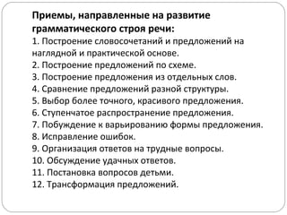 Приемы, направленные на развитие
грамматического строя речи:
1. Построение словосочетаний и предложений на
наглядной и практической основе.
2. Построение предложений по схеме.
3. Построение предложения из отдельных слов.
4. Сравнение предложений разной структуры.
5. Выбор более точного, красивого предложения.
6. Ступенчатое распространение предложения.
7. Побуждение к варьированию формы предложения.
8. Исправление ошибок.
9. Организация ответов на трудные вопросы.
10. Обсуждение удачных ответов.
11. Постановка вопросов детьми.
12. Трансформация предложений.
 