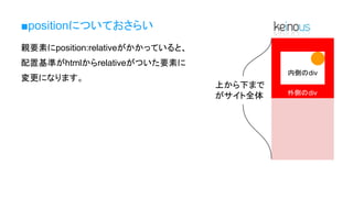 ■positionについておさらい
親要素にposition:relativeがかかっていると、
配置基準がhtmlからrelativeがついた要素に
変更になります。
上から下まで
がサイト全体
内側のdiv
外側のdiv
 