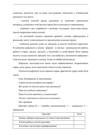 подальшу діяльність уже на рівні застосування технологій у пізнавальній
діяльності та в житті;
- оцінити власний рівень розуміння та засвоєння навчального
матеріалу, спланувати чіткі реальні кроки його подальшого опрацювання;
- порівняти своє сприйняття з думками, поглядами, почуттями інших,
інколи скоригувати певні позиції;
- як постійний елемент навчання привчати людину рефлексувати в
реальному житті, усвідомлюючи та прогнозуючи подальші кроки;
- побачити реакцію учнів на навчання та внести необхідні корективи.
Я здійснюю рефлексію в різних формах: у вигляді індивідуальної роботи,
роботи в парах, групах, дискусії, у письмовій та усній формі. Вона завжди
містить кілька елементів: фіксація того, що відбулось, визначення міркувань і
почуттів щодо отриманого досвіду, плани на майбутній розвиток.
Рефлексія застосовується мною після найважливіших інтерактивних
вправ, після уроку, після закінчення певного етапу навчання.
Технологія рефлексії після окремих вправ, фрагментів уроку може бути
такою.
Усне обговорення за запитаннями:
З якою метою ви робили цю вправу?
Які думки та почуття вона у вас викликала?
Чому ви особисто навчились?
Чому б хотіли навчитись у подальшому?
Листок оцінювання вміння висловлюватись
Ім'я, прізвище .
Критерії оцінки (0 — потребує вдосконалення; 1 — задовільно; 2 —
прекрасно).
Критерії Бали
Я вмію добирати аргументи та чітко їх висловлювати
Я вмію робити логічні висновки
Я успішно застосовую перефразування
 