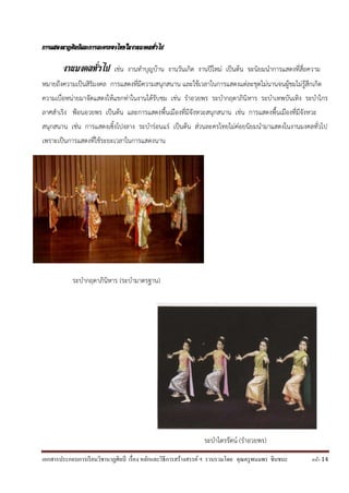 เอกสารประกอบการเรียนวิชานาฏศิลป์ เรื่อง หลักและวิธีการสร้างสรรค์ ฯ รวบรวมโดย คุณครูพนมพร ชินชนะ หน้า 14
การแสดงนาฏศิลป์และการละครของไทยในงานมงคลทั่วไป
งานมงคลทั่วไป เช่น งานทาบุญบ้าน งานวันเกิด งานปีใหม่ เป็นต้น จะนิยมนาการแสดงที่สื่อความ
หมายถึงความเป็นสิริมงคล การแสดงที่มีความสนุกสนาน และใช้เวลาในการแสดงแต่ละชุดไม่นานจนผู้ชมไม่รู้สึกเกิด
ความเบื่อหน่ายมาจัดแสดงให้แขกท่าในงานได้รับชม เช่น ราอวยพร ระบากฤดาภินิหาร ระบาเทพบันเทิง ระบาไกร
ลาศสาเริง ฟ้อนอวยพร เป็นต้น และการแสดงพื้นเมืองที่มีจังหวะสนุกสนาน เช่น การแสดงพื้นเมืองที่มีจังหวะ
สนุกสนาน เช่น การแสดงเซิ้งโปงลาง ระบาร่อนแร่ เป็นต้น ส่วนละครไทยไม่ค่อยนิยมนามาแสดงในงานมงคลทั่วไป
เพราะเป็นการแสดงที่ใช้ระยะเวลาในการแสดงนาน
ระบากฤดาภินิหาร (ระบามาตรฐาน)
ระบาไตรรัตน์ (ราอวยพร)
 