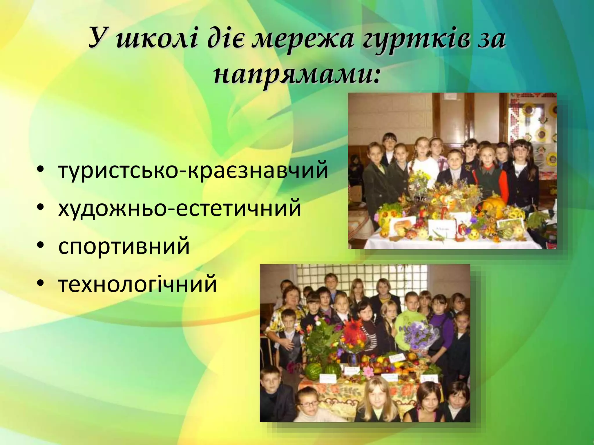 У школі діє мережа гуртків за
напрямами:
• туристсько-краєзнавчий
• художньо-естетичний
• спортивний
• технологічний
 