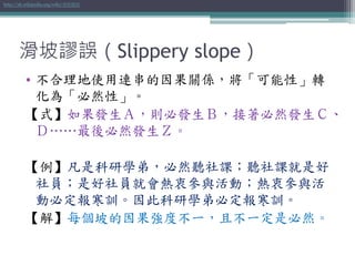 滑坡謬誤（Slippery slope）
• 不合理地使用連串的因果關係，將「可能性」轉
化為「必然性」。
【式】如果發生Ａ，則必發生Ｂ，接著必然發生Ｃ、
Ｄ……最後必然發生Ｚ。
【例】凡是科研學弟，必然聽社課；聽社課就是好
社員；是好社員就會熱衷參與活動；熱衷參與活
動必定報寒訓。因此科研學弟必定報寒訓。
【解】每個坡的因果強度不一，且不一定是必然。
http://zh.wikipedia.org/wiki/滑坡謬誤
 