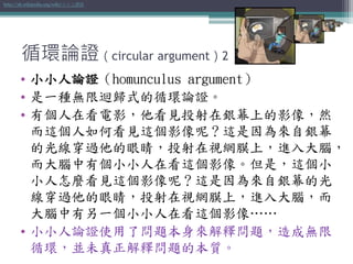 循環論證（circular argument）2
• 小小人論證（homunculus argument）
• 是一種無限迴歸式的循環論證。
• 有個人在看電影，他看見投射在銀幕上的影像，然
而這個人如何看見這個影像呢？這是因為來自銀幕
的光線穿過他的眼睛，投射在視網膜上，進入大腦，
而大腦中有個小小人在看這個影像。但是，這個小
小人怎麼看見這個影像呢？這是因為來自銀幕的光
線穿過他的眼睛，投射在視網膜上，進入大腦，而
大腦中有另一個小小人在看這個影像……
• 小小人論證使用了問題本身來解釋問題，造成無限
循環，並未真正解釋問題的本質。
http://zh.wikipedia.org/wiki/小小人謬誤
 