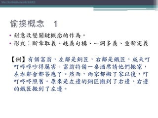偷換概念 1
• 刻意改變關鍵概念的作為。
• 形式：斷章取義、歧義句構、一詞多義、重新定義
【例】有個富翁，左鄰是銅匠，右鄰是鐵匠，成天叮
叮咚咚吵得厲害。富翁特備一桌酒席請他們搬家，
左右鄰舍都答應了。然而，兩家都搬了家以後，叮
叮咚咚照舊。原來是左邊的銅匠搬到了右邊，右邊
的鐵匠搬到了左邊。
http://zh.wikipedia.org/wiki/偷換概念
 