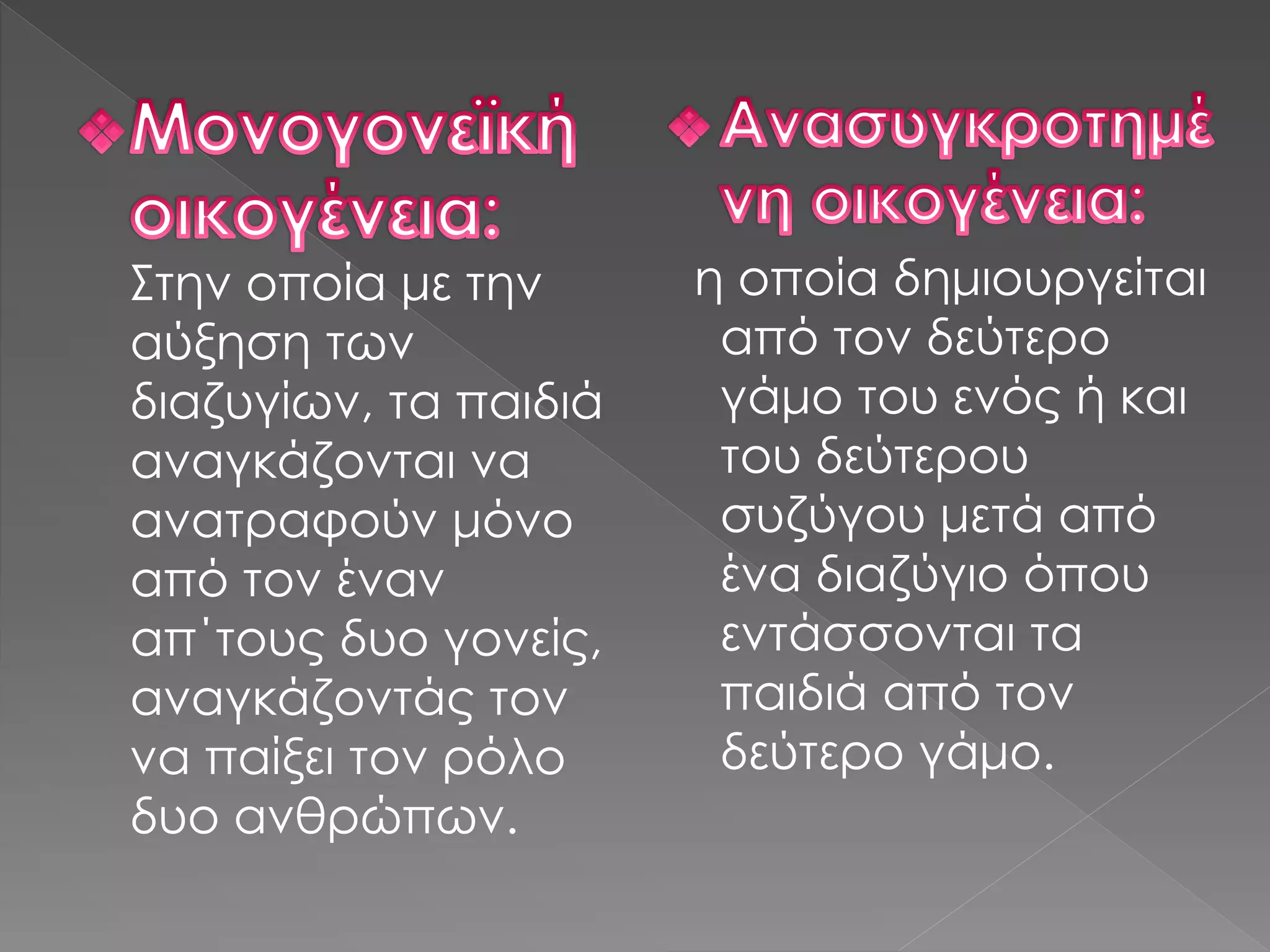 Στην οποία με την
αύξηση των
διαζυγίων, τα παιδιά
αναγκάζονται να
ανατραφούν μόνο
από τον έναν
απ΄τους δυο γονείς,
αναγκάζοντάς τον
να παίξει τον ρόλο
δυο ανθρώπων.
η οποία δημιουργείται
από τον δεύτερο
γάμο του ενός ή και
του δεύτερου
συζύγου μετά από
ένα διαζύγιο όπου
εντάσσονται τα
παιδιά από τον
δεύτερο γάμο.
 
