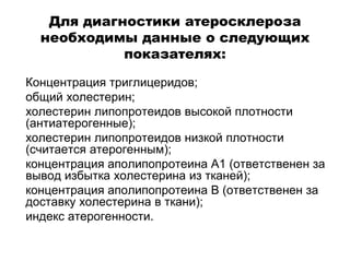 Для диагностики атеросклероза
необходимы данные о следующих
показателях:
 Концентрация триглицеридов;
 общий холестерин;
 холестерин липопротеидов высокой плотности
(антиатерогенные);
 холестерин липопротеидов низкой плотности
(считается атерогенным);
 концентрация аполипопротеина А1 (ответственен за
вывод избытка холестерина из тканей);
 концентрация аполипопротеина В (ответственен за
доставку холестерина в ткани);
 индекс атерогенности.
 