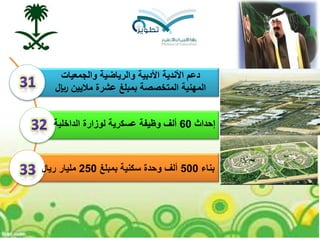 ‫إحداث‬60‫الداخلية‬ ‫لوزارة‬ ‫عسكرية‬ ‫وظيفة‬ ‫ألف‬
‫بناء‬500‫بمبلغ‬ ‫سكنية‬ ‫وحدة‬ ‫ألف‬250‫ريا‬ ‫مليار‬‫ل‬
‫والجمعيات‬ ‫والرياضية‬ ‫األدبية‬ ‫األندية‬ ‫دعم‬
‫لاير‬ ‫ماليين‬ ‫عشرة‬ ‫بمبلغ‬ ‫المتخصصة‬ ‫المهنية‬
 