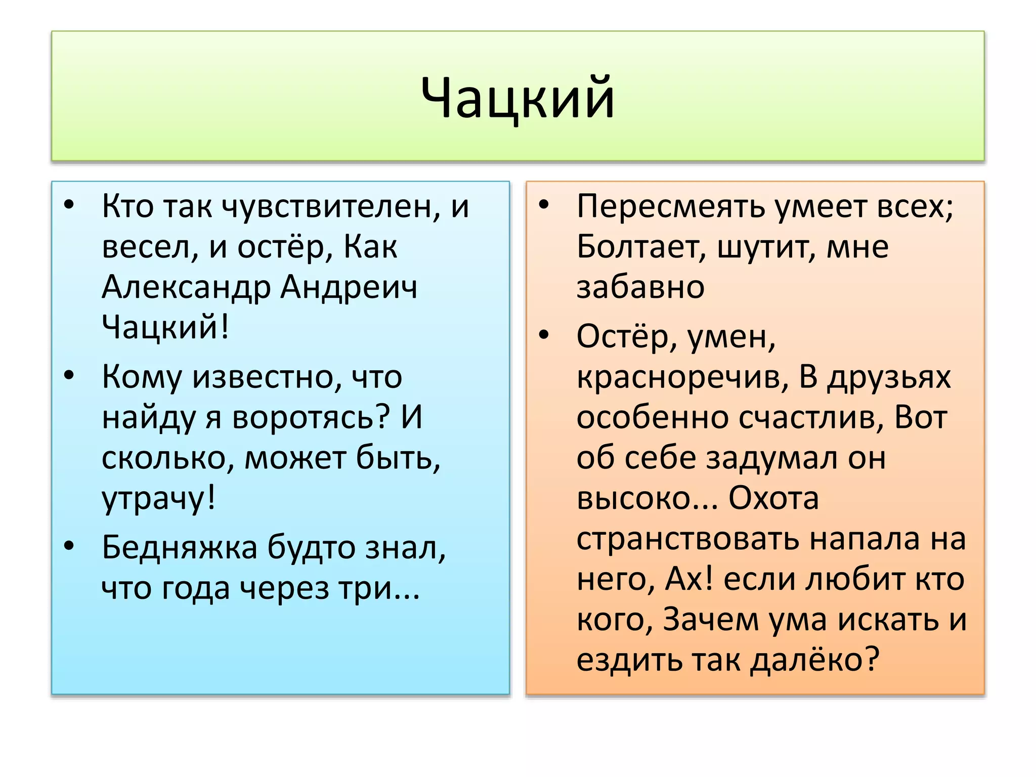 Чацкий
• Кто так чувствителен, и
весел, и остёр, Как
Александр Андреич
Чацкий!
• Кому известно, что
найду я воротясь? И
сколько, может быть,
утрачу!
• Бедняжка будто знал,
что года через три...
• Пересмеять умеет всех;
Болтает, шутит, мне
забавно
• Остёр, умен,
красноречив, В друзьях
особенно счастлив, Вот
об себе задумал он
высоко... Охота
странствовать напала на
него, Ах! если любит кто
кого, Зачем ума искать и
ездить так далёко?
 