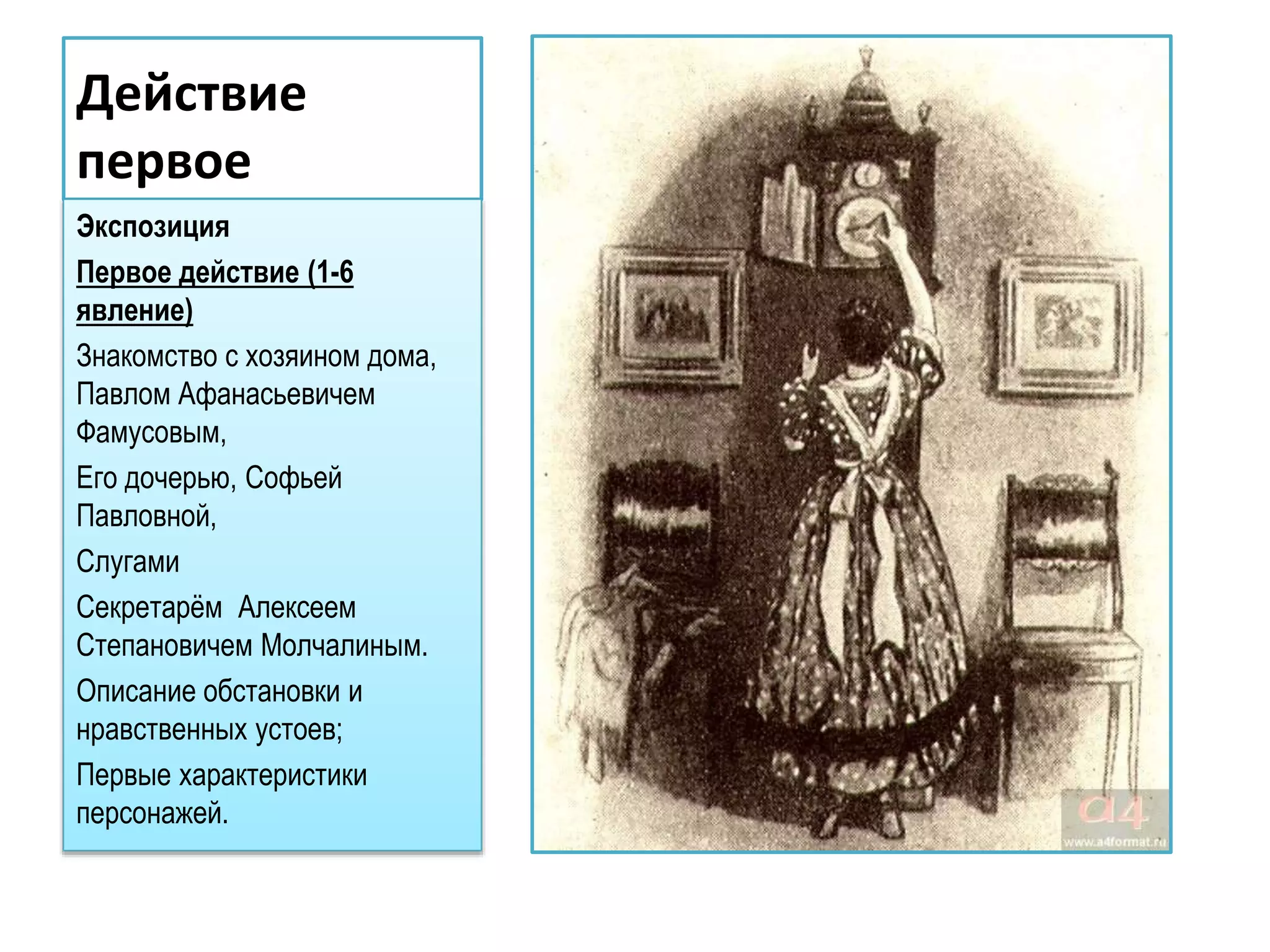 Действие
первое
Экспозиция
Первое действие (1-6
явление)
Знакомство с хозяином дома,
Павлом Афанасьевичем
Фамусовым,
Его дочерью, Софьей
Павловной,
Слугами
Секретарём Алексеем
Степановичем Молчалиным.
Описание обстановки и
нравственных устоев;
Первые характеристики
персонажей.
 