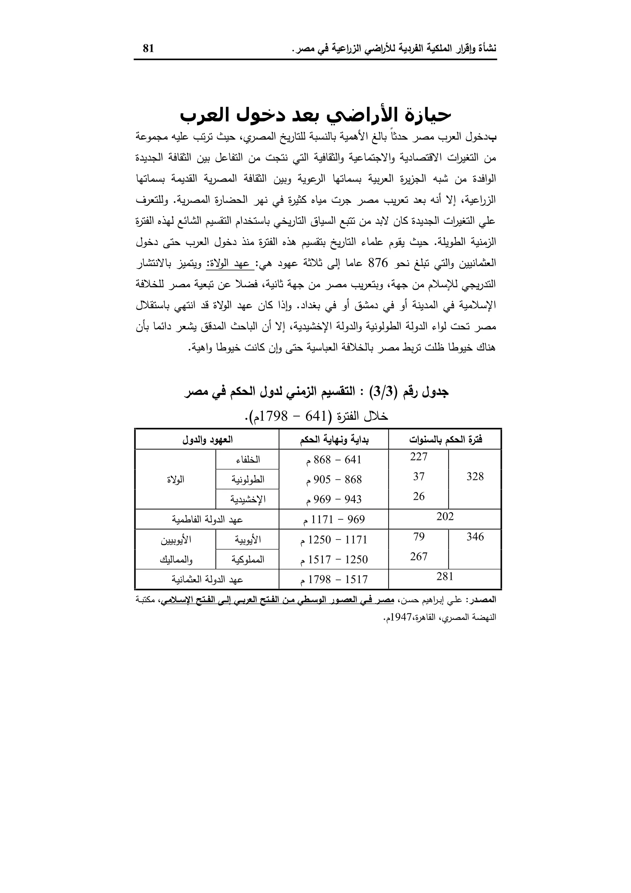 ‫ﻣﺻر‬ ‫ﻓﻲ‬ ‫اﻋﯾﺔ‬‫ر‬‫اﻟز‬ ‫اﺿﻲ‬‫ر‬‫ﻟﻸ‬ ‫اﻟﻔردﯾﺔ‬ ‫اﻟﻣﻠﻛﯾﺔ‬ ‫ار‬‫ر‬‫ﻗ‬ٕ‫ا‬‫و‬ ‫ﻧﺷﺄة‬.81
‫اﻟﻌﺮب‬ ‫دﺧﻮل‬ ‫ﺑﻌﺪ‬ ‫اﻷراﺿﻲ‬ ‫ﺣﯿﺎزة‬
‫ب‬‫ﻣﺟﻣوﻋﺔ‬ ‫ﻋﻠﯾﻪ‬ ‫ﺗب‬‫ر‬‫ﺗ‬ ‫ﺣﯾث‬ ،‫ي‬‫اﻟﻣﺻر‬ ‫ﯾﺦ‬‫ر‬‫ﻟﻠﺗﺎ‬ ‫ﺑﺎﻟﻧﺳﺑﺔ‬ ‫اﻷﻫﻣﯾﺔ‬ ‫ﺑﺎﻟﻎ‬ ً‫ﺎ‬‫ﺣدﺛ‬ ‫ﻣﺻر‬ ‫اﻟﻌرب‬ ‫دﺧول‬
‫اﻟﺟدﯾدة‬ ‫اﻟﺛﻘﺎﻓﺔ‬ ‫ﺑﯾن‬ ‫اﻟﺗﻔﺎﻋل‬ ‫ﻣن‬ ‫ﻧﺗﺟت‬ ‫اﻟﺗﻲ‬ ‫اﻟﺛﻘﺎﻓﯾﺔ‬‫و‬ ‫اﻻﺟﺗﻣﺎﻋﯾﺔ‬‫و‬ ‫اﻻﻗﺗﺻﺎدﯾﺔ‬ ‫ات‬‫ر‬‫اﻟﺗﻐﯾ‬ ‫ﻣن‬
‫ﺑﯾﺔ‬‫ر‬‫اﻟﻌ‬ ‫ة‬‫ر‬‫ﯾ‬‫ز‬‫اﻟﺟ‬ ‫ﺷﺑﻪ‬ ‫ﻣن‬ ‫اﻓدة‬‫و‬‫اﻟ‬‫ﺑﺳﻣﺎﺗﻬﺎ‬ ‫اﻟﻘدﯾﻣﺔ‬ ‫ﯾﺔ‬‫ر‬‫اﻟﻣﺻ‬ ‫اﻟﺛﻘﺎﻓﺔ‬ ‫وﺑﯾن‬ ‫ﻋوﯾﺔ‬‫اﻟر‬ ‫ﺑﺳﻣﺎﺗﻬﺎ‬
‫ﯾﺔ‬‫ر‬‫اﻟﻣﺻ‬ ‫ة‬‫ر‬‫اﻟﺣﺿﺎ‬ ‫ﻧﻬر‬ ‫ﻓﻲ‬ ‫ة‬‫ر‬‫ﻛﺛﯾ‬ ‫ﻣﯾﺎﻩ‬ ‫ﺟرت‬ ‫ﻣﺻر‬ ‫ﯾب‬‫ر‬‫ﺗﻌ‬ ‫ﺑﻌد‬ ‫أﻧﻪ‬ ‫إﻻ‬ ،‫اﻋﯾﺔ‬‫ر‬‫اﻟز‬.‫وﻟﻠﺗﻌرف‬
‫ة‬‫ر‬‫اﻟﻔﺗ‬ ‫ﻟﻬذﻩ‬ ‫اﻟﺷﺎﺋﻊ‬ ‫اﻟﺗﻘﺳﯾم‬ ‫ﺑﺎﺳﺗﺧدام‬ ‫ﯾﺧﻲ‬‫ر‬‫اﻟﺗﺎ‬ ‫اﻟﺳﯾﺎق‬ ‫ﺗﺗﺑﻊ‬ ‫ﻣن‬ ‫ﻻﺑد‬ ‫ﻛﺎن‬ ‫اﻟﺟدﯾدة‬ ‫ات‬‫ر‬‫اﻟﺗﻐﯾ‬ ‫ﻋﻠﻲ‬
‫اﻟطوﯾﻠﺔ‬ ‫اﻟزﻣﻧﯾﺔ‬.‫اﻟ‬ ‫ﻋﻠﻣﺎء‬ ‫ﯾﻘوم‬ ‫ﺣﯾث‬‫دﺧول‬ ‫ﺣﺗﻰ‬ ‫اﻟﻌرب‬ ‫دﺧول‬ ‫ﻣﻧذ‬ ‫ة‬‫ر‬‫اﻟﻔﺗ‬ ‫ﻫذﻩ‬ ‫ﺑﺗﻘﺳﯾم‬ ‫ﯾﺦ‬‫ر‬‫ﺗﺎ‬
‫ﻧﺣو‬ ‫ﺗﺑﻠﻎ‬ ‫اﻟﺗﻲ‬‫و‬ ‫اﻟﻌﺛﻣﺎﻧﯾﯾن‬876‫ﻫﻲ‬ ‫ﻋﻬود‬ ‫ﺛﻼﺛﺔ‬ ‫إﻟﻰ‬ ‫ﻋﺎﻣﺎ‬:‫ﻻة‬‫اﻟو‬ ‫ﻋﻬد‬:‫ﺑﺎﻻﻧﺗﺷﺎر‬ ‫وﯾﺗﻣﯾز‬
‫ﻟﻠﺧﻼﻓﺔ‬ ‫ﻣﺻر‬ ‫ﺗﺑﻌﯾﺔ‬ ‫ﻋن‬ ‫ﻓﺿﻼ‬ ،‫ﺛﺎﻧﯾﺔ‬ ‫ﺟﻬﺔ‬ ‫ﻣن‬ ‫ﻣﺻر‬ ‫ﯾب‬‫ر‬‫وﺑﺗﻌ‬ ،‫ﺟﻬﺔ‬ ‫ﻣن‬ ‫ﻟﻺﺳﻼم‬ ‫ﯾﺟﻲ‬‫ر‬‫اﻟﺗد‬
‫ﺑﻐداد‬ ‫ﻓﻲ‬ ‫أو‬ ‫دﻣﺷق‬ ‫ﻓﻲ‬ ‫أو‬ ‫اﻟﻣدﯾﻧﺔ‬ ‫ﻓﻲ‬ ‫اﻹﺳﻼﻣﯾﺔ‬.‫ذ‬ ٕ‫ا‬‫و‬‫ﺑﺎﺳﺗﻘﻼل‬ ‫اﻧﺗﻬﻲ‬ ‫ﻗد‬ ‫ﻻة‬‫اﻟو‬ ‫ﻋﻬد‬ ‫ﻛﺎن‬ ‫ا‬
‫ﺑﺄن‬ ‫داﺋﻣﺎ‬ ‫ﯾﺷﻌر‬ ‫اﻟﻣدﻗق‬ ‫اﻟﺑﺎﺣث‬ ‫أن‬ ‫إﻻ‬ ،‫اﻹﺧﺷﯾدﯾﺔ‬ ‫اﻟدوﻟﺔ‬‫و‬ ‫اﻟطوﻟوﻧﯾﺔ‬ ‫اﻟدوﻟﺔ‬ ‫اء‬‫و‬‫ﻟ‬ ‫ﺗﺣت‬ ‫ﻣﺻر‬
‫اﻫﯾﺔ‬‫و‬ ‫ﺧﯾوطﺎ‬ ‫ﻛﺎﻧت‬ ‫ن‬ ٕ‫ا‬‫و‬ ‫ﺣﺗﻰ‬ ‫اﻟﻌﺑﺎﺳﯾﺔ‬ ‫ﺑﺎﻟﺧﻼﻓﺔ‬ ‫ﻣﺻر‬ ‫ﺑط‬‫ر‬‫ﺗ‬ ‫ظﻠت‬ ‫ﺧﯾوطﺎ‬ ‫ﻫﻧﺎك‬.
‫رﻗم‬ ‫ﺟدول‬)3/3: (‫ﻣﺻر‬ ‫ﻓﻲ‬ ‫اﻟﺣﻛم‬ ‫ﻟدول‬ ‫اﻟزﻣﻧﻲ‬ ‫اﻟﺗﻘﺳﯾم‬
‫ة‬‫ر‬‫اﻟﻔﺗ‬ ‫ﺧﻼل‬)641-1798‫م‬.(
‫اﻟدول‬‫و‬ ‫اﻟﻌﻬود‬ ‫اﻟﺣﻛم‬ ‫وﻧﻬﺎﯾﺔ‬ ‫ﺑداﯾﺔ‬ ‫ات‬‫و‬‫ﺑﺎﻟﺳﻧ‬ ‫اﻟﺣﻛم‬ ‫ة‬‫ﻓﺗر‬
‫اﻟﺧﻠﻔﺎء‬ 641-868‫م‬ 227
‫ﻻة‬‫اﻟو‬ ‫اﻟطوﻟوﻧﯾﺔ‬ 868-905‫م‬ 37 328
‫اﻹﺧﺷﯾدﯾﺔ‬ 943-969‫م‬ 26
‫اﻟﻔﺎطﻣﯾﺔ‬ ‫اﻟدوﻟﺔ‬ ‫ﻋﻬد‬ 969-1171‫م‬ 202
‫اﻷﯾوﺑﯾﯾن‬ ‫اﻷﯾوﺑﯾﺔ‬ 1171-1250‫م‬ 79 346
‫اﻟﻣﻣﺎﻟﯾك‬‫و‬ ‫اﻟﻣﻣﻠوﻛﯾﺔ‬ 1250-1517‫م‬ 267
‫اﻟﻌﺛﻣﺎﻧﯾﺔ‬ ‫اﻟدوﻟﺔ‬ ‫ﻋﻬد‬ 1517-1798‫م‬ 281
‫ـدر‬‫ـ‬‫اﻟﻣﺻ‬:‫ـﻲ‬‫ـ‬‫ﻠ‬‫ﻋ‬،‫ـن‬‫ـ‬‫ﺳ‬‫ﺣ‬ ‫اﻫﯾم‬‫ر‬‫ـ‬‫ـ‬‫ﺑ‬‫إ‬‫ـﻼﻣﻲ‬‫ـ‬‫اﻹﺳ‬ ‫ـﺗﺢ‬‫ـ‬‫اﻟﻔ‬ ‫ـﻰ‬‫ـ‬‫إﻟ‬ ‫ـﻲ‬‫ـ‬‫اﻟﻌرﺑ‬ ‫ـﺗﺢ‬‫ـ‬‫اﻟﻔ‬ ‫ـن‬‫ـ‬‫ﻣ‬ ‫ـطﻲ‬‫ـ‬‫اﻟوﺳ‬ ‫ـور‬‫ـ‬‫اﻟﻌﺻ‬ ‫ـﻲ‬‫ـ‬‫ﻓ‬ ‫ـر‬‫ـ‬‫ﻣﺻ‬‫ـﺔ‬‫ـ‬‫ﺑ‬‫ﻣﻛﺗ‬ ،
،‫ة‬‫ر‬‫اﻟﻘﺎﻫ‬ ،‫ي‬‫اﻟﻣﺻر‬ ‫اﻟﻧﻬﺿﺔ‬1947‫م‬.
 
