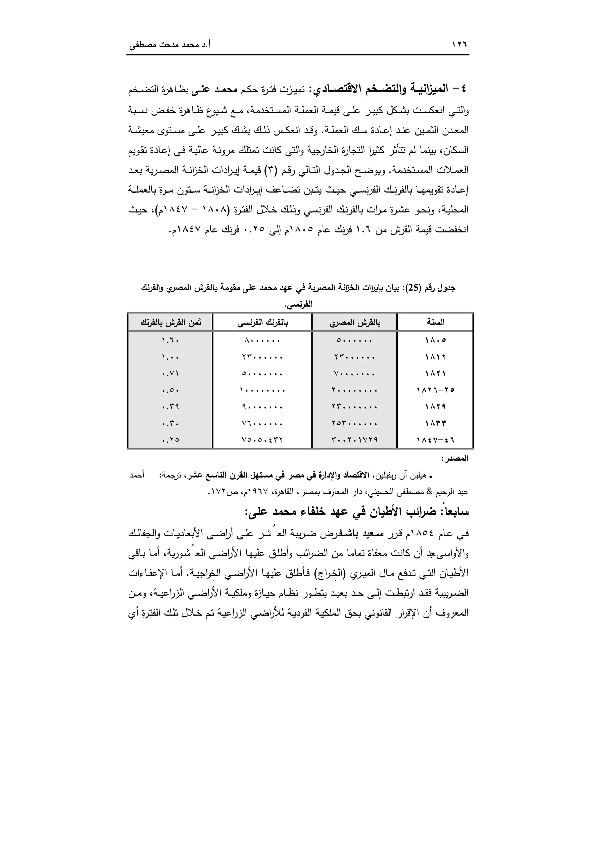 ١٢٦‫أ‬.‫ﻣﺻطﻔﻰ‬ ‫ﻣدﺣت‬ ‫ﻣﺣﻣد‬ ‫د‬
٤-‫ـﺎدي‬‫ـ‬‫اﻻﻗﺗﺻ‬ ‫ـﺧم‬‫ـ‬‫اﻟﺗﺿ‬‫و‬ ‫ـﺔ‬‫ـ‬‫اﻧﯾ‬‫ز‬‫اﻟﻣﯾ‬:‫ـم‬‫ـ‬‫ﻛ‬‫ﺣ‬ ‫ة‬‫ر‬‫ـ‬‫ـ‬‫ﺗ‬‫ﻓ‬ ‫ـزت‬‫ـ‬‫ﯾ‬‫ﺗﻣ‬‫ـﻰ‬‫ـ‬‫ﻋﻠ‬ ‫ﻣﺣﻣــد‬‫ـﺧم‬‫ـ‬‫ﺿ‬‫اﻟﺗ‬ ‫ة‬‫ر‬‫ـﺎﻫ‬‫ـ‬‫ظ‬‫ﺑ‬
‫ـﺗﺧدﻣﺔ‬‫ـ‬‫ﺳ‬‫اﻟﻣ‬ ‫ـﺔ‬‫ـ‬‫ﻠ‬‫اﻟﻌﻣ‬ ‫ـﺔ‬‫ـ‬‫ﻣ‬‫ﻗﯾ‬ ‫ـﻰ‬‫ـ‬‫ﻠ‬‫ﻋ‬ ‫ـر‬‫ـ‬‫ﯾ‬‫ﻛﺑ‬ ‫ـﻛل‬‫ـ‬‫ﺷ‬‫ﺑ‬ ‫ـت‬‫ـ‬‫ﺳ‬‫اﻧﻌﻛ‬ ‫ـﻲ‬‫ـ‬‫ﺗ‬‫اﻟ‬‫و‬،‫ـﺑﺔ‬‫ـ‬‫ـ‬‫ﺳ‬‫ﻧ‬ ‫ـض‬‫ـ‬‫ﻔ‬‫ﺧ‬ ‫ة‬‫ر‬‫ـﺎﻫ‬‫ـ‬‫ظ‬ ‫ع‬‫ـﯾو‬‫ـ‬‫ﺷ‬ ‫ـﻊ‬‫ـ‬‫ﻣ‬
‫ـﺔ‬‫ـ‬‫ﻠ‬‫اﻟﻌﻣ‬ ‫ـك‬‫ـ‬‫ﺳ‬ ‫ـﺎدة‬‫ـ‬‫ﻋ‬‫إ‬ ‫ـد‬‫ـ‬‫ﻧ‬‫ﻋ‬ ‫ـﯾن‬‫ـ‬‫ﻣ‬‫اﻟﺛ‬ ‫ـدن‬‫ـ‬‫ﻌ‬‫اﻟﻣ‬.‫ـﺔ‬‫ـ‬‫ﺷ‬‫ﻣﻌﯾ‬ ‫ـﺗوى‬‫ـ‬‫ﺳ‬‫ﻣ‬ ‫ـﻰ‬‫ـ‬‫ﻠ‬‫ﻋ‬ ‫ـر‬‫ـ‬‫ﯾ‬‫ﻛﺑ‬ ‫ـك‬‫ـ‬‫ﺷ‬‫ﺑ‬ ‫ـك‬‫ـ‬‫ﻟ‬‫ذ‬ ‫ـس‬‫ـ‬‫ﻛ‬‫اﻧﻌ‬ ‫ـد‬‫ـ‬‫ﻗ‬‫و‬
‫اﻟﺳﻛﺎن‬،‫ﻛﺛﯾ‬ ‫ﺗﺗﺄﺛر‬ ‫ﻟم‬ ‫ﺑﯾﻧﻣﺎ‬‫ـوﯾم‬‫ﻘ‬‫ﺗ‬ ‫ـﺎدة‬‫ﻋ‬‫إ‬ ‫ـﻲ‬‫ﻓ‬ ‫ـﺔ‬‫ﯾ‬‫ﻋﺎﻟ‬ ‫ـﺔ‬‫ﻧ‬‫ﻣرو‬ ‫ﺗﻣﺗﻠك‬ ‫ﻛﺎﻧت‬ ‫اﻟﺗﻲ‬‫و‬ ‫ﺟﯾﺔ‬‫اﻟﺧﺎر‬ ‫ة‬‫ر‬‫اﻟﺗﺟﺎ‬ ‫ا‬‫ر‬
‫ـﺗﺧدﻣﺔ‬‫ـ‬‫ﺳ‬‫اﻟﻣ‬ ‫ـﻼت‬‫ـ‬‫ﻣ‬‫اﻟﻌ‬.‫ـم‬‫ـ‬‫ﻗ‬‫ر‬ ‫ـﺎﻟﻲ‬‫ـ‬‫ﺗ‬‫اﻟ‬ ‫ـدول‬‫ـ‬‫ﺟ‬‫اﻟ‬ ‫ـﺢ‬‫ـ‬‫ﺿ‬‫وﯾو‬)٣(‫ـد‬‫ـ‬‫ﻌ‬‫ﺑ‬ ‫ﯾﺔ‬‫ر‬‫ـ‬‫ـ‬‫ﺻ‬‫اﻟﻣ‬ ‫ـﺔ‬‫ـ‬‫ﻧ‬‫ا‬‫ز‬‫اﻟﺧ‬ ‫ادات‬‫ر‬‫ـ‬‫ـ‬‫ﯾ‬‫إ‬ ‫ـﺔ‬‫ـ‬‫ﻣ‬‫ﻗﯾ‬
‫ـﺔ‬‫ـ‬‫ـ‬‫ﻠ‬‫ﺑﺎﻟﻌﻣ‬ ‫ة‬‫ر‬‫ـ‬‫ـ‬‫ـ‬‫ﻣ‬ ‫ـﺗون‬‫ـ‬‫ـ‬‫ﺳ‬ ‫ـﺔ‬‫ـ‬‫ـ‬‫ﻧ‬‫ا‬‫ز‬‫اﻟﺧ‬ ‫ادات‬‫ر‬‫ـ‬‫ـ‬‫ـ‬‫ﯾ‬‫إ‬ ‫ـﺎﻋف‬‫ـ‬‫ـ‬‫ﺿ‬‫ﺗ‬ ‫ـﺑن‬‫ـ‬‫ـ‬‫ﺗ‬‫ﯾ‬ ‫ـث‬‫ـ‬‫ـ‬‫ﯾ‬‫ﺣ‬ ‫ـﻲ‬‫ـ‬‫ـ‬‫ﺳ‬‫ﻧ‬‫ر‬‫اﻟﻔ‬ ‫ـك‬‫ـ‬‫ـ‬‫ﻧ‬‫ر‬‫ﺑﺎﻟﻔ‬ ‫ـﺎ‬‫ـ‬‫ـ‬‫ﻬ‬‫ﺗﻘوﯾﻣ‬ ‫ـﺎدة‬‫ـ‬‫ـ‬‫ﻋ‬‫إ‬
‫ـﺔ‬‫ﯾ‬‫اﻟﻣﺣﻠ‬،‫ﺑﺎﻟ‬ ‫ات‬‫ر‬‫ـ‬‫ـ‬‫ﻣ‬ ‫ة‬‫ر‬‫ـ‬‫ﺷ‬‫ﻋ‬ ‫ـو‬‫ـ‬‫ﺣ‬‫وﻧ‬‫اﻟ‬ ‫ـك‬‫ـ‬‫ﻧ‬‫ر‬‫ﻔ‬‫ة‬‫ر‬‫ـ‬‫ـ‬‫ﺗ‬‫اﻟﻔ‬ ‫ـﻼل‬‫ﺧ‬ ‫ـك‬‫ـ‬‫ﻟ‬‫وذ‬ ‫ـﻲ‬‫ﺳ‬‫ﻧ‬‫ر‬‫ﻔ‬)١٨٠٨-١٨٤٧‫م‬(،‫ـث‬‫ـ‬‫ﯾ‬‫ﺣ‬
‫ﻣن‬ ‫اﻟﻘرش‬ ‫ﻗﯾﻣﺔ‬ ‫اﻧﺧﻔﺿت‬١.٦‫ﻋﺎم‬ ‫ﻧك‬‫ر‬‫ﻓ‬١٨٠٥‫إﻟﻰ‬ ‫م‬٠.٢٥‫ﻋﺎم‬ ‫ﻧك‬‫ر‬‫ﻓ‬١٨٤٧‫م‬.
‫رﻗم‬ ‫ﺟدول‬)25:(‫اﻟﻔرﻧك‬‫و‬ ‫ي‬‫اﻟﻣﺻر‬ ‫ﺑﺎﻟﻘرش‬ ‫ﻣﻘوﻣﺔ‬ ‫ﻋﻠﻰ‬ ‫ﻣﺣﻣد‬ ‫ﻋﻬد‬ ‫ﻓﻲ‬ ‫اﻟﻣﺻرﯾﺔ‬ ‫اﻧﺔ‬‫ز‬‫اﻟﺧ‬ ‫اات‬‫ر‬‫ﺑﺈﯾ‬ ‫ﺑﯾﺎن‬
‫اﻟﻔرﻧﺳﻲ‬.
‫اﻟﺳﻧﺔ‬‫ي‬‫اﻟﻣﺻر‬ ‫ﺑﺎﻟﻘرش‬‫اﻟﻔرﻧﺳﻲ‬ ‫ﺑﺎﻟﻔرﻧك‬‫ﺑﺎﻟ‬ ‫اﻟﻘرش‬ ‫ﺛﻣن‬‫ﻔرﻧك‬
١٨٠٥٥٠٠٠٠٠٠٨٠٠٠٠٠٠١.٦٠
١٨١٢٢٣٠٠٠٠٠٠٢٣٠٠٠٠٠٠١.٠٠
١٨٢١٧٠٠٠٠٠٠٠٥٠٠٠٠٠٠٠٠.٧١
٢٥-١٨٢٦٢٠٠٠٠٠٠٠٠١٠٠٠٠٠٠٠٠٠.٥٠
١٨٢٩٢٣٠٠٠٠٠٠٠٩٠٠٠٠٠٠٠٠.٣٩
١٨٣٣٢٥٣٠٠٠٠٠٠٧٦٠٠٠٠٠٠٠.٣٠
٤٦-١٨٤٧٣٠٠٢٠١٧٢٩٧٥٠٥٠٤٣٢٠.٢٥
‫اﻟﻣﺻدر‬:
‫ــ‬،‫ﯾﻔﯾﻠﯾن‬‫ر‬ ‫آن‬ ‫ﻫﯾﻠﯾن‬‫اﻻﻗﺗﺻﺎ‬،‫ﻋﺷر‬ ‫اﻟﺗﺎﺳﻊ‬ ‫اﻟﻘرن‬ ‫ﻣﺳﺗﻬل‬ ‫ﻓﻲ‬ ‫ﻣﺻر‬ ‫ﻓﻲ‬ ‫ة‬‫اﻹدار‬‫و‬ ‫د‬‫ﺗرﺟﻣﺔ‬:‫أﺣﻣد‬
‫اﻟرﺣﯾم‬ ‫ﻋﺑد‬&،‫ة‬‫ر‬‫اﻟﻘﺎﻫ‬ ،‫ﺑﻣﺻر‬ ‫اﻟﻣﻌﺎرف‬ ‫دار‬ ،‫اﻟﺣﺳﯾﻧﻲ‬ ‫ﻣﺻطﻔﻰ‬١٩٦٧‫ص‬ ،‫م‬١٧٢.
‫ﺳﺎ‬‫ﺑﻌ‬ً‫ﺎ‬:‫اﻷطﯾﺎن‬ ‫اﺋب‬‫ر‬‫ﺿ‬‫ﻓﻲ‬‫ﻋﻠﻰ‬ ‫ﻣﺣﻣد‬ ‫ﺧﻠﻔﺎء‬ ‫ﻋﻬد‬:
‫ـﺎم‬‫ـ‬‫ﻋ‬ ‫ـﻲ‬‫ـ‬‫ﻓ‬١٨٥٤‫ـرر‬‫ـ‬‫ﻗ‬ ‫م‬‫ـﺎ‬‫ـ‬‫ﺑﺎﺷ‬ ‫ـﻌﯾد‬‫ـ‬‫ﺳ‬‫ـك‬‫ـ‬‫ﻟ‬‫اﻟﺟﻔﺎ‬‫و‬ ‫ـﺎت‬‫ـ‬‫ﯾ‬‫اﻷﺑﻌﺎد‬ ‫ـﻰ‬‫ـ‬‫ﺿ‬‫ا‬‫ر‬‫أ‬ ‫ـﻰ‬‫ـ‬‫ﻠ‬‫ﻋ‬ ‫ـر‬‫ـ‬‫ﺷ‬ُ‫اﻟﻌ‬ ‫ﯾﺑﺔ‬‫ر‬‫ـ‬‫ـ‬‫ﺿ‬ ‫ـرض‬‫ـ‬‫ﻓ‬
‫ﺑ‬ ‫اﺳﻰ‬‫و‬‫اﻷ‬‫و‬‫ﯾﺔ‬‫ر‬‫ـو‬‫ﺷ‬ُ‫اﻟﻌ‬ ‫ـﻲ‬‫ﺿ‬‫ا‬‫ر‬‫اﻷ‬ ‫ـﺎ‬‫ﻬ‬‫ﻋﻠﯾ‬ ‫ـق‬‫ﻠ‬‫أط‬‫و‬ ‫اﺋب‬‫ر‬‫اﻟﺿ‬ ‫ﻣن‬ ‫ﺗﻣﺎﻣﺎ‬ ‫ﻣﻌﻔﺎة‬ ‫ﻛﺎﻧت‬ ‫أن‬ ‫ﻌد‬،‫ـﺎﻗﻲ‬‫ﺑ‬ ‫ـﺎ‬‫ﻣ‬‫أ‬
‫ا‬ ‫ـﺎل‬‫ـ‬‫ﻣ‬ ‫ـدﻓﻊ‬‫ـ‬‫ﺗ‬ ‫ـﻲ‬‫ـ‬‫ﺗ‬‫اﻟ‬ ‫ـﺎن‬‫ـ‬‫ﯾ‬‫اﻷط‬‫ي‬‫ـر‬‫ـ‬‫ﯾ‬‫ﻟﻣ‬)‫اج‬‫ر‬‫ـ‬‫ـ‬ ِ‫اﻟﺧ‬(‫ـﺔ‬‫ـ‬‫ﯾ‬‫اﺟ‬‫ر‬ِ‫اﻟﺧ‬ ‫ـﻲ‬‫ـ‬‫ﺿ‬‫ا‬‫ر‬‫اﻷ‬ ‫ـﺎ‬‫ـ‬‫ﻬ‬‫ﻋﻠﯾ‬ ‫ـﺄطﻠق‬‫ـ‬‫ﻓ‬.‫ـﺎءات‬‫ـ‬‫ﻔ‬‫اﻹﻋ‬ ‫ـﺎ‬‫ـ‬‫ﻣ‬‫أ‬
‫ـﺔ‬‫ـ‬‫ـ‬‫ﯾ‬‫اﻋ‬‫ر‬‫اﻟز‬ ‫ـﻲ‬‫ـ‬‫ـ‬‫ﺿ‬‫ا‬‫ر‬‫اﻷ‬ ‫ـﺔ‬‫ـ‬‫ـ‬‫ﯾ‬‫وﻣﻠﻛ‬ ‫ة‬‫ز‬‫ـﺎ‬‫ـ‬‫ـ‬‫ﯾ‬‫ﺣ‬ ‫ـﺎم‬‫ـ‬‫ـ‬‫ظ‬‫ﻧ‬ ‫ـور‬‫ـ‬‫ـ‬‫ط‬‫ﺑﺗ‬ ‫ـد‬‫ـ‬‫ـ‬‫ﯾ‬‫ﺑﻌ‬ ‫ـد‬‫ـ‬‫ـ‬‫ﺣ‬ ‫ـﻰ‬‫ـ‬‫ـ‬‫ﻟ‬‫إ‬ ‫ـت‬‫ـ‬‫ـ‬‫ط‬‫ﺗﺑ‬‫ر‬‫ا‬ ‫ـد‬‫ـ‬‫ـ‬‫ﻘ‬‫ﻓ‬ ‫ﯾﺑﯾﺔ‬‫ر‬‫ـ‬‫ـ‬‫ﺿ‬‫اﻟ‬،‫ـن‬‫ـ‬‫ـ‬‫ﻣ‬‫و‬
‫ا‬ ‫ار‬‫ر‬‫اﻹﻗ‬ ‫أن‬ ‫اﻟﻣﻌروف‬‫أي‬ ‫ة‬‫ر‬‫ـ‬‫ﺗ‬‫اﻟﻔ‬ ‫ـك‬‫ﻠ‬‫ﺗ‬ ‫ـﻼل‬‫ﺧ‬ ‫ـم‬‫ﺗ‬ ‫ـﺔ‬‫ﯾ‬‫اﻋ‬‫ر‬‫اﻟز‬ ‫ـﻲ‬‫ﺿ‬‫ا‬‫ر‬‫ﻟﻸ‬ ‫ـﺔ‬‫ﯾ‬‫اﻟﻔرد‬ ‫ـﺔ‬‫ﯾ‬‫اﻟﻣﻠﻛ‬ ‫ﺑﺣق‬ ‫ﻟﻘﺎﻧوﻧﻲ‬
 