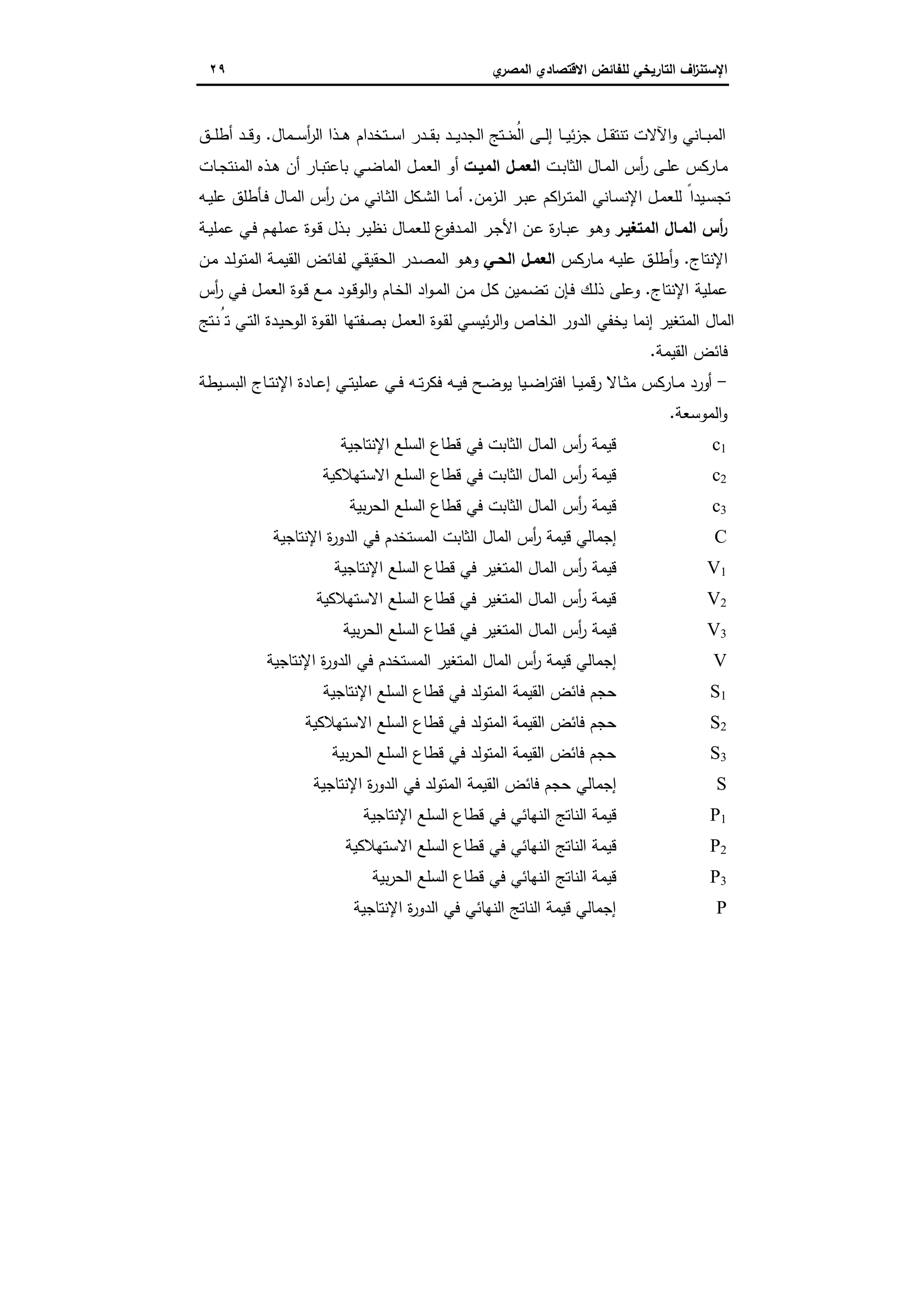 ‫اﻻﻗﺗﺻ‬ ‫ﻟﻠﻔﺎﺋض‬ ‫اﻟﺗﺎرﯾﺧﻲ‬ ‫اف‬‫ز‬‫اﻹﺳﺗﻧ‬‫ي‬‫اﻟﻣﺻر‬ ‫ﺎدي‬٢٩
‫ـﻣﺎل‬‫ـ‬‫ـ‬‫ﺳ‬‫أ‬‫ر‬‫اﻟ‬ ‫ـذا‬‫ـ‬‫ـ‬‫ﻫ‬ ‫ـﺗﺧدام‬‫ـ‬‫ـ‬‫ﺳ‬‫ا‬ ‫ـدر‬‫ـ‬‫ـ‬‫ﻘ‬‫ﺑ‬ ‫ـد‬‫ـ‬‫ـ‬‫ﯾ‬‫اﻟﺟد‬ ‫ـﺗﺞ‬‫ـ‬‫ـ‬‫ﻧ‬ ُ‫اﻟﻣ‬ ‫ـﻰ‬‫ـ‬‫ـ‬‫ﻟ‬‫إ‬ ‫ـﺎ‬‫ـ‬‫ـ‬‫ﯾ‬‫ﺋ‬‫ز‬‫ﺟ‬ ‫ـل‬‫ـ‬‫ـ‬‫ﻘ‬‫ﺗﻧﺗ‬ ‫اﻵﻻت‬‫و‬ ‫ـﺎﻧﻲ‬‫ـ‬‫ـ‬‫ﺑ‬‫اﻟﻣ‬.‫ـق‬‫ـ‬‫ـ‬‫ﻠ‬‫أط‬ ‫ـد‬‫ـ‬‫ـ‬‫ﻗ‬‫و‬
‫ـت‬‫ـ‬‫ﺑ‬‫اﻟﺛﺎ‬ ‫ـﺎل‬‫ـ‬‫ﻣ‬‫اﻟ‬ ‫أس‬‫ر‬ ‫ـﻰ‬‫ـ‬‫ﻠ‬‫ﻋ‬ ‫ـﺎرﻛس‬‫ﻣ‬‫ـت‬‫ـ‬‫اﻟﻣﯾ‬ ‫ـل‬‫ـ‬‫اﻟﻌﻣ‬‫ـﺎت‬‫ـ‬‫ﺟ‬‫اﻟﻣﻧﺗ‬ ‫ـذﻩ‬‫ـ‬‫ﻫ‬ ‫أن‬ ‫ـﺎر‬‫ـ‬‫ﺑ‬‫ﺑﺎﻋﺗ‬ ‫ـﻲ‬‫ﺿ‬‫اﻟﻣﺎ‬ ‫ـل‬‫ـ‬‫ﻣ‬‫اﻟﻌ‬ ‫أو‬
‫ـزﻣن‬‫ﻟ‬‫ا‬ ‫ـر‬‫ـ‬‫ﺑ‬‫ﻋ‬ ‫اﻛم‬‫ر‬‫ـ‬‫ـ‬‫ﺗ‬‫اﻟﻣ‬ ‫ـﺎﻧﻲ‬‫ﺳ‬‫اﻹﻧ‬ ‫ـل‬‫ـ‬‫ﻣ‬‫ﻟﻠﻌ‬ ً‫ـﯾدا‬‫ﺳ‬‫ﺗﺟ‬.‫ـﺎ‬‫ـ‬‫ﻣ‬‫أ‬‫ـﻪ‬‫ـ‬‫ﯾ‬‫ﻋﻠ‬ ‫ـﺄطﻠق‬‫ـ‬‫ﻓ‬ ‫ـﺎل‬‫ﻣ‬‫اﻟ‬ ‫أس‬‫ر‬ ‫ـن‬‫ـ‬‫ﻣ‬ ‫ـﺎﻧﻲ‬‫ـ‬‫ﺛ‬‫اﻟ‬ ‫ـﻛل‬‫ﺷ‬‫اﻟ‬
‫اﻟﻣﺗﻐﯾـر‬ ‫اﻟﻣـﺎل‬ ‫أس‬‫ر‬‫ـﺔ‬‫ـ‬‫ﯾ‬‫ﻋﻣﻠ‬ ‫ـﻲ‬‫ﻓ‬ ‫ـم‬‫ﻬ‬‫ﻋﻣﻠ‬ ‫ـوة‬‫ﻗ‬ ‫ـذل‬‫ﺑ‬ ‫ـر‬‫ـ‬‫ﯾ‬‫ﻧظ‬ ‫ـﺎل‬‫ﻣ‬‫ﻟﻠﻌ‬ ‫ع‬‫ـدﻓو‬‫ﻣ‬‫اﻟ‬ ‫ـر‬‫ﺟ‬‫اﻷ‬ ‫ـن‬‫ﻋ‬ ‫ة‬‫ر‬‫ـﺎ‬‫ـ‬‫ﺑ‬‫ﻋ‬ ‫ـو‬‫ﻫ‬‫و‬
‫اﻹﻧﺗﺎج‬.‫ـﺎرﻛس‬‫ﻣ‬ ‫ـﻪ‬‫ﯾ‬‫ﻋﻠ‬ ‫ـق‬‫ﻠ‬‫أط‬‫و‬‫اﻟﺣـﻲ‬ ‫اﻟﻌﻣـل‬‫ـن‬‫ﻣ‬ ‫ـد‬‫ﻟ‬‫اﻟﻣﺗو‬ ‫ـﺔ‬‫ﻣ‬‫اﻟﻘﯾ‬ ‫ـﺎﺋض‬‫ﻔ‬‫ﻟ‬ ‫ـﻲ‬‫ﻘ‬‫اﻟﺣﻘﯾ‬ ‫ـدر‬‫ﺻ‬‫اﻟﻣ‬ ‫ـو‬‫ﻫ‬‫و‬
‫اﻹﻧﺗﺎج‬ ‫ﻋﻣﻠﯾﺔ‬.‫ـو‬‫ﻗ‬‫اﻟو‬‫و‬ ‫ـﺎم‬‫ﺧ‬‫اﻟ‬ ‫اد‬‫و‬‫ـ‬‫ﻣ‬‫اﻟ‬ ‫ـن‬‫ﻣ‬ ‫ـل‬‫ﻛ‬ ‫ـﻣﯾن‬‫ﺿ‬‫ﺗ‬ ‫ـﺈن‬‫ﻓ‬ ‫ـك‬‫ﻟ‬‫ذ‬ ‫وﻋﻠﻰ‬‫أس‬‫ر‬ ‫ـﻲ‬‫ﻓ‬ ‫ـل‬‫ﻣ‬‫اﻟﻌ‬ ‫ـوة‬‫ﻗ‬ ‫ـﻊ‬‫ﻣ‬ ‫د‬
‫ـﺗﺞ‬‫ﻧ‬ُ‫ﺗ‬ ‫ـﻲ‬‫ﺗ‬‫اﻟ‬ ‫ـدة‬‫ﯾ‬‫اﻟوﺣ‬ ‫ـوة‬‫ﻘ‬‫اﻟ‬ ‫ـﻔﺗﻬﺎ‬‫ﺻ‬‫ﺑ‬ ‫ـل‬‫ﻣ‬‫اﻟﻌ‬ ‫ـوة‬‫ﻘ‬‫ﻟ‬ ‫ـﻲ‬‫ﺳ‬‫ﺋﯾ‬‫ر‬‫اﻟ‬‫و‬ ‫اﻟﺧﺎص‬ ‫اﻟدور‬ ‫ﯾﺧﻔﻲ‬ ‫إﻧﻣﺎ‬ ‫اﻟﻣﺗﻐﯾر‬ ‫اﻟﻣﺎل‬
‫اﻟﻘﯾﻣﺔ‬ ‫ﻓﺎﺋض‬.
-‫ـﯾطﺔ‬‫ـ‬‫ﺳ‬‫اﻟﺑ‬ ‫ـﺎج‬‫ـ‬‫ﺗ‬‫اﻹﻧ‬ ‫ـﺎدة‬‫ـ‬‫ﻋ‬‫إ‬ ‫ـﻲ‬‫ـ‬‫ﺗ‬‫ﻋﻣﻠﯾ‬ ‫ـﻲ‬‫ـ‬‫ﻓ‬ ‫ـﻪ‬‫ـ‬‫ﺗ‬‫ر‬‫ﻓﻛ‬ ‫ـﻪ‬‫ـ‬‫ﯾ‬‫ﻓ‬ ‫ـﺢ‬‫ـ‬‫ﺿ‬‫ﯾو‬ ‫ـﯾﺎ‬‫ـ‬‫ﺿ‬‫ا‬‫ر‬‫اﻓﺗ‬ ‫ـﺎ‬‫ـ‬‫ﯾ‬‫رﻗﻣ‬ ‫ـﺎﻻ‬‫ـ‬‫ﺛ‬‫ﻣ‬ ‫ـﺎرﻛس‬‫ـ‬‫ﻣ‬ ‫أورد‬
‫اﻟﻣوﺳﻌﺔ‬‫و‬.
c1‫اﻟﺳﻠﻊ‬ ‫ﻗطﺎع‬ ‫ﻓﻲ‬ ‫اﻟﺛﺎﺑت‬ ‫اﻟﻣﺎل‬ ‫أس‬‫ر‬ ‫ﻗﯾﻣﺔ‬‫اﻹﻧﺗﺎﺟﯾﺔ‬
c2‫اﻻﺳﺗﻬﻼﻛﯾﺔ‬ ‫اﻟﺳﻠﻊ‬ ‫ﻗطﺎع‬ ‫ﻓﻲ‬ ‫اﻟﺛﺎﺑت‬ ‫اﻟﻣﺎل‬ ‫أس‬‫ر‬ ‫ﻗﯾﻣﺔ‬
c3‫ﺑﯾﺔ‬‫ر‬‫اﻟﺣ‬ ‫اﻟﺳﻠﻊ‬ ‫ﻗطﺎع‬ ‫ﻓﻲ‬ ‫اﻟﺛﺎﺑت‬ ‫اﻟﻣﺎل‬ ‫أس‬‫ر‬ ‫ﻗﯾﻣﺔ‬
C‫اﻹﻧﺗﺎﺟﯾﺔ‬ ‫ة‬‫ر‬‫اﻟدو‬ ‫ﻓﻲ‬ ‫اﻟﻣﺳﺗﺧدم‬ ‫اﻟﺛﺎﺑت‬ ‫اﻟﻣﺎل‬ ‫أس‬‫ر‬ ‫ﻗﯾﻣﺔ‬ ‫إﺟﻣﺎﻟﻲ‬
V1‫اﻹﻧﺗﺎﺟﯾﺔ‬ ‫اﻟﺳﻠﻊ‬ ‫ﻗطﺎع‬ ‫ﻓﻲ‬ ‫اﻟﻣﺗﻐﯾر‬ ‫اﻟﻣﺎل‬ ‫أس‬‫ر‬ ‫ﻗﯾﻣﺔ‬
V2‫ﻗط‬ ‫ﻓﻲ‬ ‫اﻟﻣﺗﻐﯾر‬ ‫اﻟﻣﺎل‬ ‫أس‬‫ر‬ ‫ﻗﯾﻣﺔ‬‫اﻻﺳﺗﻬﻼﻛﯾﺔ‬ ‫اﻟﺳﻠﻊ‬ ‫ﺎع‬
V3‫ﺑﯾﺔ‬‫ر‬‫اﻟﺣ‬ ‫اﻟﺳﻠﻊ‬ ‫ﻗطﺎع‬ ‫ﻓﻲ‬ ‫اﻟﻣﺗﻐﯾر‬ ‫اﻟﻣﺎل‬ ‫أس‬‫ر‬ ‫ﻗﯾﻣﺔ‬
V‫اﻹﻧﺗﺎﺟﯾﺔ‬ ‫ة‬‫ر‬‫اﻟدو‬ ‫ﻓﻲ‬ ‫اﻟﻣﺳﺗﺧدم‬ ‫اﻟﻣﺗﻐﯾر‬ ‫اﻟﻣﺎل‬ ‫أس‬‫ر‬ ‫ﻗﯾﻣﺔ‬ ‫إﺟﻣﺎﻟﻲ‬
S1‫اﻹﻧﺗﺎﺟﯾﺔ‬ ‫اﻟﺳﻠﻊ‬ ‫ﻗطﺎع‬ ‫ﻓﻲ‬ ‫اﻟﻣﺗوﻟد‬ ‫اﻟﻘﯾﻣﺔ‬ ‫ﻓﺎﺋض‬ ‫ﺣﺟم‬
S2‫اﻻﺳﺗﻬﻼﻛﯾﺔ‬ ‫اﻟﺳﻠﻊ‬ ‫ﻗطﺎع‬ ‫ﻓﻲ‬ ‫اﻟﻣﺗوﻟد‬ ‫اﻟﻘﯾﻣﺔ‬ ‫ﻓﺎﺋض‬ ‫ﺣﺟم‬
S3‫اﻟﻘﯾ‬ ‫ﻓﺎﺋض‬ ‫ﺣﺟم‬‫ﺑﯾﺔ‬‫ر‬‫اﻟﺣ‬ ‫اﻟﺳﻠﻊ‬ ‫ﻗطﺎع‬ ‫ﻓﻲ‬ ‫اﻟﻣﺗوﻟد‬ ‫ﻣﺔ‬
S‫اﻹﻧﺗﺎﺟﯾﺔ‬ ‫ة‬‫ر‬‫اﻟدو‬ ‫ﻓﻲ‬ ‫اﻟﻣﺗوﻟد‬ ‫اﻟﻘﯾﻣﺔ‬ ‫ﻓﺎﺋض‬ ‫ﺣﺟم‬ ‫إﺟﻣﺎﻟﻲ‬
P1‫اﻹﻧﺗﺎﺟﯾﺔ‬ ‫اﻟﺳﻠﻊ‬ ‫ﻗطﺎع‬ ‫ﻓﻲ‬ ‫اﻟﻧﻬﺎﺋﻲ‬ ‫اﻟﻧﺎﺗﺞ‬ ‫ﻗﯾﻣﺔ‬
P2‫اﻻﺳﺗﻬﻼﻛﯾﺔ‬ ‫اﻟﺳﻠﻊ‬ ‫ﻗطﺎع‬ ‫ﻓﻲ‬ ‫اﻟﻧﻬﺎﺋﻲ‬ ‫اﻟﻧﺎﺗﺞ‬ ‫ﻗﯾﻣﺔ‬
P3‫ﺑﯾﺔ‬‫ر‬‫اﻟﺣ‬ ‫اﻟﺳﻠﻊ‬ ‫ﻗطﺎع‬ ‫ﻓﻲ‬ ‫اﻟﻧﻬﺎﺋﻲ‬ ‫اﻟﻧﺎﺗﺞ‬ ‫ﻗﯾﻣﺔ‬
P‫اﻟ‬ ‫اﻟﻧﺎﺗﺞ‬ ‫ﻗﯾﻣﺔ‬ ‫إﺟﻣﺎﻟﻲ‬‫اﻹﻧﺗﺎﺟﯾﺔ‬ ‫ة‬‫ر‬‫اﻟدو‬ ‫ﻓﻲ‬ ‫ﻧﻬﺎﺋﻲ‬
 