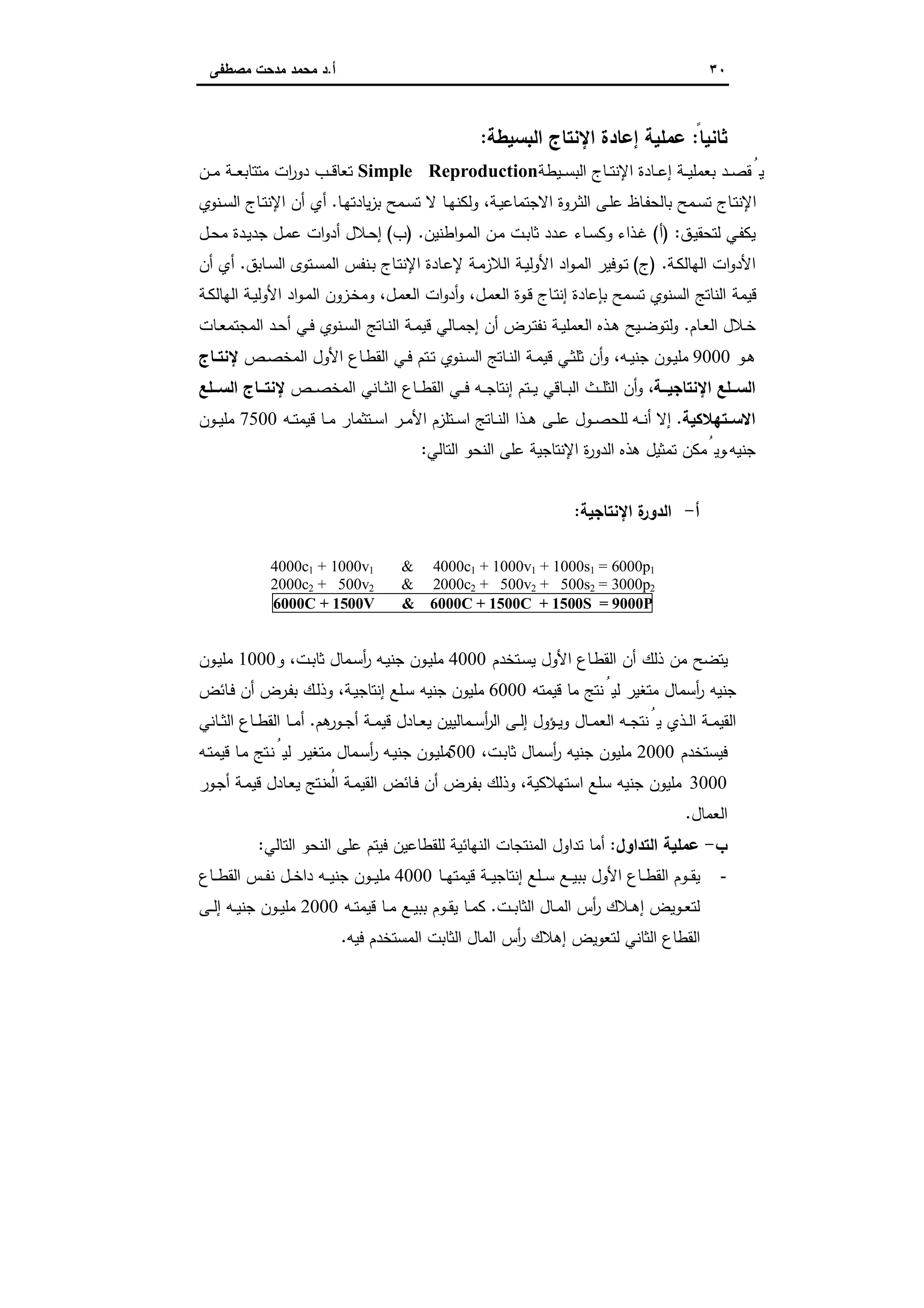 ٣٠‫أ‬.‫ﻣﺻطﻔﻰ‬ ‫ﻣدﺣت‬ ‫ﻣﺣﻣد‬ ‫د‬
ً‫ﺛﺎﻧﯾﺎ‬:‫اﻟﺑﺳﯾطﺔ‬ ‫اﻹﻧﺗﺎج‬ ‫إﻋﺎدة‬ ‫ﻋﻣﻠﯾﺔ‬:
‫ـﯾطﺔ‬‫ـ‬‫ـ‬‫ﺳ‬‫اﻟﺑ‬ ‫ـﺎج‬‫ـ‬‫ـ‬‫ﺗ‬‫اﻹﻧ‬ ‫ـﺎدة‬‫ـ‬‫ـ‬‫ﻋ‬‫إ‬ ‫ـﺔ‬‫ـ‬‫ـ‬‫ﯾ‬‫ﺑﻌﻣﻠ‬ ‫ـد‬‫ـ‬‫ﺻ‬‫ﻘ‬ُ‫ﯾ‬Simple Reproduction‫ـن‬‫ـ‬‫ـ‬‫ﻣ‬ ‫ـﺔ‬‫ـ‬‫ـ‬‫ﻌ‬‫ﻣﺗﺗﺎﺑ‬ ‫ات‬‫ر‬‫دو‬ ‫ـب‬‫ـ‬‫ـ‬‫ﻗ‬‫ﺗﻌﺎ‬
‫ـﺎ‬‫ﻬ‬‫ﯾﺎدﺗ‬‫ز‬‫ﺑ‬ ‫ـﻣﺢ‬‫ـ‬‫ﺳ‬‫ﺗ‬ ‫ﻻ‬ ‫ـﺎ‬‫ـ‬‫ﻬ‬‫وﻟﻛﻧ‬ ،‫ـﺔ‬‫ﯾ‬‫اﻻﺟﺗﻣﺎﻋ‬ ‫ـروة‬‫ـ‬‫ﺛ‬‫اﻟ‬ ‫ـﻰ‬‫ـ‬‫ﻠ‬‫ﻋ‬ ‫ـﺎظ‬‫ﻔ‬‫ﺑﺎﻟﺣ‬ ‫ـﻣﺢ‬‫ـ‬‫ﺳ‬‫ﺗ‬ ‫ـﺎج‬‫ﺗ‬‫اﻹﻧ‬.‫ـﻧوي‬‫ـ‬‫ﺳ‬‫اﻟ‬ ‫ـﺎج‬‫ـ‬‫ﺗ‬‫اﻹﻧ‬ ‫أن‬ ‫أي‬
‫ـق‬‫ﯾ‬‫ﻟﺗﺣﻘ‬ ‫ـﻲ‬‫ﻔ‬‫ﯾﻛ‬:)‫أ‬(‫ـذاء‬‫ﻏ‬‫اطﻧﯾن‬‫و‬‫ـ‬‫ـ‬‫ﻣ‬‫اﻟ‬ ‫ـن‬‫ﻣ‬ ‫ـت‬‫ﺑ‬‫ﺛﺎ‬ ‫ـدد‬‫ﻋ‬ ‫ـﺎء‬‫ـ‬‫ﺳ‬‫وﻛ‬.)‫ب‬(‫ـل‬‫ـ‬‫ﺣ‬‫ﻣ‬ ‫ـدة‬‫ﯾ‬‫ﺟد‬ ‫ـل‬‫ﻣ‬‫ﻋ‬ ‫ات‬‫و‬‫أد‬ ‫ـﻼل‬‫ﺣ‬‫إ‬
‫ـﺔ‬‫ﻛ‬‫اﻟﻬﺎﻟ‬ ‫ات‬‫و‬‫اﻷد‬.)‫ج‬(‫ـﺎﺑق‬‫ـ‬‫ﺳ‬‫اﻟ‬ ‫ـﺗوى‬‫ﺳ‬‫اﻟﻣ‬ ‫ـﻧﻔس‬‫ﺑ‬ ‫ـﺎج‬‫ﺗ‬‫اﻹﻧ‬ ‫ـﺎدة‬‫ﻋ‬‫ﻹ‬ ‫ـﺔ‬‫ﻣ‬‫اﻟﻼز‬ ‫ـﺔ‬‫ﯾ‬‫اﻷوﻟ‬ ‫اد‬‫و‬‫ـ‬‫ﻣ‬‫اﻟ‬ ‫ـوﻓﯾر‬‫ﺗ‬.‫أن‬ ‫أي‬
‫ـﺔ‬‫ﻛ‬‫اﻟﻬﺎﻟ‬ ‫ـﺔ‬‫ﯾ‬‫اﻷوﻟ‬ ‫اد‬‫و‬‫ـ‬‫ﻣ‬‫اﻟ‬ ‫ـزون‬‫ﺧ‬‫وﻣ‬ ،‫ـل‬‫ﻣ‬‫اﻟﻌ‬ ‫ات‬‫و‬‫أد‬‫و‬ ،‫ـل‬‫ﻣ‬‫اﻟﻌ‬ ‫ـوة‬‫ﻗ‬ ‫ـﺎج‬‫ﺗ‬‫إﻧ‬ ‫ﺑﺈﻋﺎدة‬ ‫ﺗﺳﻣﺢ‬ ‫اﻟﺳﻧوي‬ ‫اﻟﻧﺎﺗﺞ‬ ‫ﻗﯾﻣﺔ‬
‫ـﺎم‬‫ـ‬‫ﻌ‬‫اﻟ‬ ‫ـﻼل‬‫ـ‬‫ﺧ‬.‫و‬‫ـﺎت‬‫ـ‬‫ﻌ‬‫اﻟﻣﺟﺗﻣ‬ ‫ـد‬‫ـ‬‫ﺣ‬‫أ‬ ‫ـﻲ‬‫ـ‬‫ﻓ‬ ‫ـﻧوي‬‫ـ‬‫ﺳ‬‫اﻟ‬ ‫ـﺎﺗﺞ‬‫ـ‬‫ﻧ‬‫اﻟ‬ ‫ـﺔ‬‫ـ‬‫ﻣ‬‫ﻗﯾ‬ ‫ـﺎﻟﻲ‬‫ـ‬‫ﻣ‬‫إﺟ‬ ‫أن‬ ‫ـرض‬‫ـ‬‫ﺗ‬‫ﻧﻔ‬ ‫ـﺔ‬‫ـ‬‫ﯾ‬‫اﻟﻌﻣﻠ‬ ‫ـذﻩ‬‫ـ‬‫ﻫ‬ ‫ـﯾﺢ‬‫ـ‬‫ﺿ‬‫ﻟﺗو‬
‫ـو‬‫ـ‬‫ﻫ‬9000‫ـص‬‫ـ‬‫ﺻ‬‫اﻟﻣﺧ‬ ‫اﻷول‬ ‫ـﺎع‬‫ـ‬‫ط‬‫اﻟﻘ‬ ‫ـﻲ‬‫ـ‬‫ﻓ‬ ‫ـﺗم‬‫ـ‬‫ﺗ‬ ‫ـﻧوي‬‫ـ‬‫ﺳ‬‫اﻟ‬ ‫ـﺎﺗﺞ‬‫ـ‬‫ﻧ‬‫اﻟ‬ ‫ـﺔ‬‫ـ‬‫ﻣ‬‫ﻗﯾ‬ ‫ـﻲ‬‫ـ‬‫ﺛ‬‫ﺛﻠ‬ ‫أن‬‫و‬ ،‫ـﻪ‬‫ـ‬‫ﯾ‬‫ﺟﻧ‬ ‫ـون‬‫ـ‬‫ﯾ‬‫ﻣﻠ‬‫ـﺎج‬‫ـ‬‫ﻹﻧﺗ‬
‫ــﺔ‬‫ـ‬‫اﻹﻧﺗﺎﺟﯾ‬ ‫ــﻠﻊ‬‫ـ‬‫اﻟﺳ‬‫ـص‬‫ـ‬‫ـ‬‫ﺻ‬‫اﻟﻣﺧ‬ ‫ـﺎﻧﻲ‬‫ـ‬‫ـ‬‫ﺛ‬‫اﻟ‬ ‫ـﺎع‬‫ـ‬‫ـ‬‫ط‬‫اﻟﻘ‬ ‫ـﻲ‬‫ـ‬‫ـ‬‫ﻓ‬ ‫ـﻪ‬‫ـ‬‫ـ‬‫ﺟ‬‫إﻧﺗﺎ‬ ‫ـﺗم‬‫ـ‬‫ـ‬‫ﯾ‬ ‫ـﺎﻗﻲ‬‫ـ‬‫ـ‬‫ﺑ‬‫اﻟ‬ ‫ـث‬‫ـ‬‫ـ‬‫ﻠ‬‫اﻟﺛ‬ ‫أن‬‫و‬ ،‫ــﻠﻊ‬‫ـ‬‫اﻟﺳ‬ ‫ــﺎج‬‫ـ‬‫ﻹﻧﺗ‬
‫اﻻﺳــﺗﻬﻼﻛﯾﺔ‬.‫ـﻪ‬‫ـ‬‫ﻧ‬‫أ‬ ‫إﻻ‬‫ـﻪ‬‫ـ‬‫ﺗ‬‫ﻗﯾﻣ‬ ‫ـﺎ‬‫ـ‬‫ﻣ‬ ‫ـﺗﺛﻣﺎر‬‫ـ‬‫ﺳ‬‫ا‬ ‫ـر‬‫ـ‬‫ﻣ‬‫اﻷ‬ ‫ـﺗﻠزم‬‫ـ‬‫ﺳ‬‫ا‬ ‫ـﺎﺗﺞ‬‫ـ‬‫ﻧ‬‫اﻟ‬ ‫ـذا‬‫ـ‬‫ﻫ‬ ‫ـﻰ‬‫ـ‬‫ﻠ‬‫ﻋ‬ ‫ـول‬‫ـ‬‫ﺻ‬‫ﻟﻠﺣ‬7500‫ـون‬‫ـ‬‫ﯾ‬‫ﻣﻠ‬
‫ﺟﻧﯾﻪ‬.‫اﻟﺗﺎﻟﻲ‬ ‫اﻟﻧﺣو‬ ‫ﻋﻠﻰ‬ ‫اﻹﻧﺗﺎﺟﯾﺔ‬ ‫ة‬‫ر‬‫اﻟدو‬ ‫ﻫذﻩ‬ ‫ﺗﻣﺛﯾل‬ ‫ﻣﻛن‬ُ‫وﯾ‬:
‫أ‬-‫اﻹﻧﺗﺎﺟﯾﺔ‬ ‫ة‬‫اﻟدور‬:
4000c1 + 1000v1 & 4000c1 + 1000v1 + 1000s1 = 6000p1
2000c2 + 500v2 & 2000c2 + 500v2 + 500s2 = 3000p2
9000P=1500S+1500C+6000C&1500V+6000C
‫ـﺗﺧدم‬‫ﺳ‬‫ﯾ‬ ‫اﻷول‬ ‫ـﺎع‬‫ط‬‫اﻟﻘ‬ ‫أن‬ ‫ذﻟك‬ ‫ﻣن‬ ‫ﯾﺗﺿﺢ‬4000‫و‬ ،‫ـت‬‫ﺑ‬‫ﺛﺎ‬ ‫ـﻣﺎل‬‫ﺳ‬‫أ‬‫ر‬ ‫ـﻪ‬‫ﯾ‬‫ﺟﻧ‬ ‫ـون‬‫ﯾ‬‫ﻣﻠ‬1000‫ـون‬‫ﯾ‬‫ﻣﻠ‬
‫ﻗﯾﻣﺗﻪ‬ ‫ﻣﺎ‬ ‫ﻧﺗﺞ‬ُ‫ﻟﯾ‬ ‫ﻣﺗﻐﯾر‬ ‫أﺳﻣﺎل‬‫ر‬ ‫ﺟﻧﯾﻪ‬6000‫ـﺎﺋض‬‫ﻓ‬ ‫أن‬ ‫ـرض‬‫ﻔ‬‫ﺑ‬ ‫ـك‬‫ﻟ‬‫وذ‬ ،‫ـﺔ‬‫ﯾ‬‫إﻧﺗﺎﺟ‬ ‫ـﻠﻊ‬‫ﺳ‬ ‫ﺟﻧﯾﻪ‬ ‫ﻣﻠﯾون‬
‫ـؤ‬‫ـ‬‫ﯾ‬‫و‬ ‫ـﺎل‬‫ـ‬‫ﻣ‬‫اﻟﻌ‬ ‫ـﻪ‬‫ـ‬‫ﺟ‬‫ﻧﺗ‬ُ‫ﯾ‬ ‫ـذي‬‫ـ‬‫ﻟ‬‫ا‬ ‫ـﺔ‬‫ـ‬‫ﻣ‬‫اﻟﻘﯾ‬‫ﻫم‬‫ـور‬‫ـ‬‫ﺟ‬‫أ‬ ‫ـﺔ‬‫ـ‬‫ﻣ‬‫ﻗﯾ‬ ‫ـﺎدل‬‫ـ‬‫ﻌ‬‫ﯾ‬ ‫ـﻣﺎﻟﯾﯾن‬‫ـ‬‫ﺳ‬‫أ‬‫ر‬‫اﻟ‬ ‫ـﻰ‬‫ـ‬‫ﻟ‬‫إ‬ ‫ول‬.‫ـﺎﻧﻲ‬‫ـ‬‫ﺛ‬‫اﻟ‬ ‫ـﺎع‬‫ـ‬‫ط‬‫اﻟﻘ‬ ‫ـﺎ‬‫ـ‬‫ﻣ‬‫أ‬
‫ﻓﯾﺳﺗﺧدم‬2000،‫ـت‬‫ﺑ‬‫ﺛﺎ‬ ‫أﺳﻣﺎل‬‫ر‬ ‫ﺟﻧﯾﻪ‬ ‫ﻣﻠﯾون‬500‫ـﻪ‬‫ﺗ‬‫ﻗﯾﻣ‬ ‫ـﺎ‬‫ﻣ‬ ‫ـﺗﺞ‬‫ﻧ‬ُ‫ﻟﯾ‬ ‫ـر‬‫ﯾ‬‫ﻣﺗﻐ‬ ‫ـﻣﺎل‬‫ﺳ‬‫أ‬‫ر‬ ‫ـﻪ‬‫ﯾ‬‫ﺟﻧ‬ ‫ـون‬‫ﯾ‬‫ﻣﻠ‬
3000‫ـور‬‫ﺟ‬‫أ‬ ‫ـﺔ‬‫ﻣ‬‫ﻗﯾ‬ ‫ـﺎدل‬‫ﻌ‬‫ﯾ‬ ‫ـﺗﺞ‬‫ﻧ‬ ُ‫اﻟﻣ‬ ‫ـﺔ‬‫ﻣ‬‫اﻟﻘﯾ‬ ‫ـﺎﺋض‬‫ﻓ‬ ‫أن‬ ‫ـرض‬‫ﻔ‬‫ﺑ‬ ‫وذﻟك‬ ،‫اﺳﺗﻬﻼﻛﯾﺔ‬ ‫ﺳﻠﻊ‬ ‫ﺟﻧﯾﻪ‬ ‫ﻣﻠﯾون‬
‫اﻟﻌﻣﺎل‬.
‫ب‬-‫اﻟﺗداول‬ ‫ﻋﻣﻠﯾﺔ‬:‫اﻟﻣ‬ ‫ﺗداول‬ ‫أﻣﺎ‬‫اﻟﺗﺎﻟﻲ‬ ‫اﻟﻧﺣو‬ ‫ﻋﻠﻰ‬ ‫ﻓﯾﺗم‬ ‫ﻟﻠﻘطﺎﻋﯾن‬ ‫اﻟﻧﻬﺎﺋﯾﺔ‬ ‫ﻧﺗﺟﺎت‬:
-‫ـﺎ‬‫ـ‬‫ـ‬‫ﻬ‬‫ﻗﯾﻣﺗ‬ ‫ـﺔ‬‫ـ‬‫ـ‬‫ﯾ‬‫إﻧﺗﺎﺟ‬ ‫ـﻠﻊ‬‫ـ‬‫ـ‬‫ﺳ‬ ‫ـﻊ‬‫ـ‬‫ـ‬‫ﯾ‬‫ﺑﺑ‬ ‫اﻷول‬ ‫ـﺎع‬‫ـ‬‫ـ‬‫ط‬‫اﻟﻘ‬ ‫ـوم‬‫ـ‬‫ـ‬‫ﻘ‬‫ﯾ‬4000‫ـﺎع‬‫ـ‬‫ـ‬‫ط‬‫اﻟﻘ‬ ‫ـس‬‫ـ‬‫ـ‬‫ﻔ‬‫ﻧ‬ ‫ـل‬‫ـ‬‫ـ‬‫ﺧ‬‫دا‬ ‫ـﻪ‬‫ـ‬‫ـ‬‫ﯾ‬‫ﺟﻧ‬ ‫ـون‬‫ـ‬‫ـ‬‫ﯾ‬‫ﻣﻠ‬
‫ـت‬‫ـ‬‫ﺑ‬‫اﻟﺛﺎ‬ ‫ـﺎل‬‫ـ‬‫ﻣ‬‫اﻟ‬ ‫أس‬‫ر‬ ‫ـﻼك‬‫ـ‬‫ﻫ‬‫إ‬ ‫ـوﯾض‬‫ـ‬‫ﻌ‬‫ﻟﺗ‬.‫ـﻪ‬‫ـ‬‫ﺗ‬‫ﻗﯾﻣ‬ ‫ـﺎ‬‫ـ‬‫ﻣ‬ ‫ـﻊ‬‫ـ‬‫ﯾ‬‫ﺑﺑ‬ ‫ـوم‬‫ـ‬‫ﻘ‬‫ﯾ‬ ‫ـﺎ‬‫ـ‬‫ﻣ‬‫ﻛ‬2000‫ـﻰ‬‫ـ‬‫ﻟ‬‫إ‬ ‫ـﻪ‬‫ـ‬‫ﯾ‬‫ﺟﻧ‬ ‫ـون‬‫ـ‬‫ﯾ‬‫ﻣﻠ‬
‫ﻓﯾﻪ‬ ‫اﻟﻣﺳﺗﺧدم‬ ‫اﻟﺛﺎﺑت‬ ‫اﻟﻣﺎل‬ ‫أس‬‫ر‬ ‫إﻫﻼك‬ ‫ﻟﺗﻌوﯾض‬ ‫اﻟﺛﺎﻧﻲ‬ ‫اﻟﻘطﺎع‬.
 