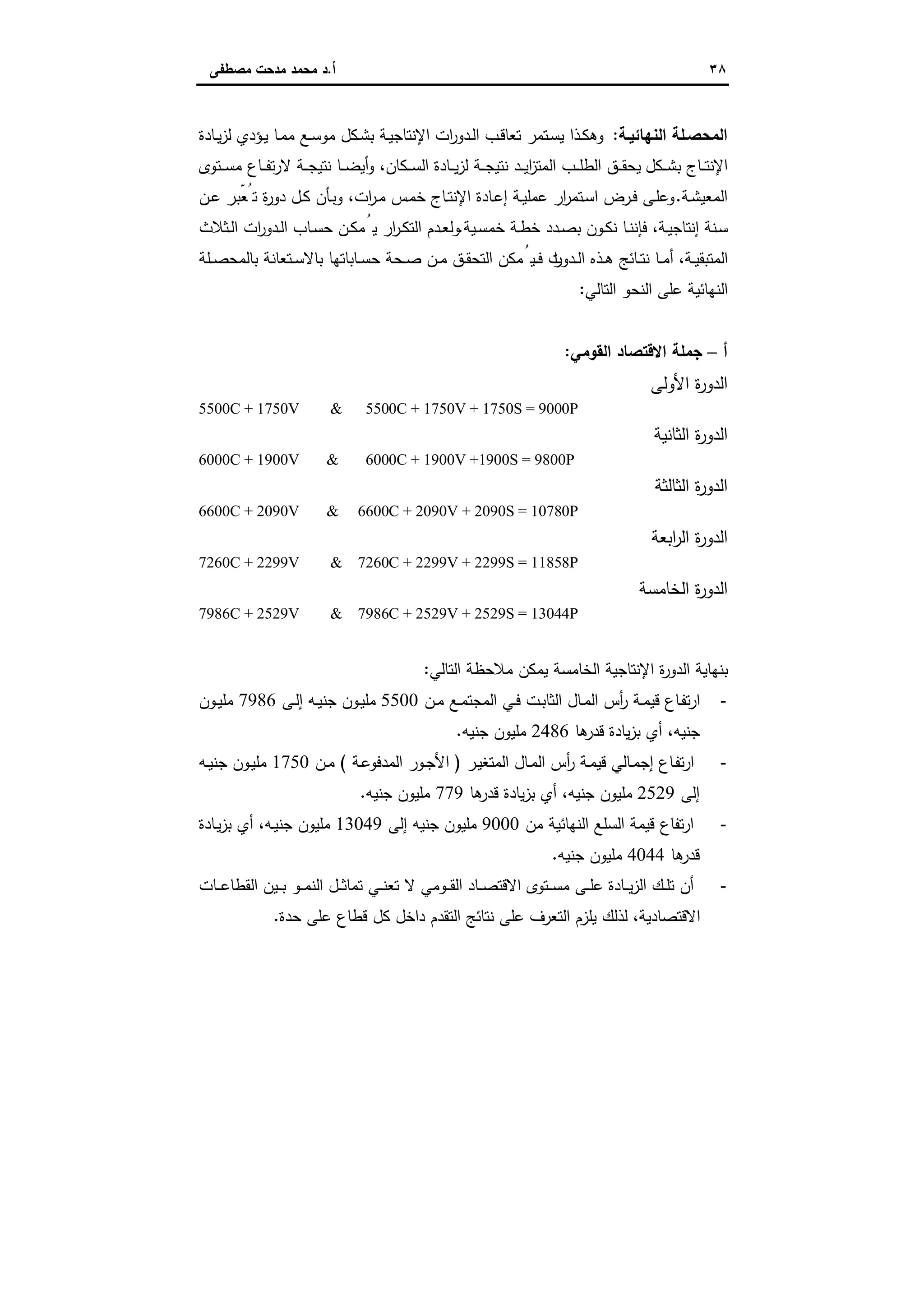 ٣٨‫أ‬.‫ﻣﺻطﻔﻰ‬ ‫ﻣدﺣت‬ ‫ﻣﺣﻣد‬ ‫د‬
‫اﻟﻧﻬﺎﺋﯾـﺔ‬ ‫اﻟﻣﺣﺻـﻠﺔ‬:‫ـﺎدة‬‫ـ‬‫ﯾ‬‫ز‬‫ﻟ‬ ‫ـؤدي‬‫ﯾ‬ ‫ـﺎ‬‫ﻣ‬‫ﻣ‬ ‫ـﻊ‬‫ـ‬‫ﺳ‬‫ﻣو‬ ‫ـﻛل‬‫ﺷ‬‫ﺑ‬ ‫ـﺔ‬‫ﯾ‬‫اﻹﻧﺗﺎﺟ‬ ‫ات‬‫ر‬‫ـدو‬‫ـ‬‫ﻟ‬‫ا‬ ‫ـب‬‫ﻗ‬‫ﺗﻌﺎ‬ ‫ـﺗﻣر‬‫ﺳ‬‫ﯾ‬ ‫ـذا‬‫ـ‬‫ﻛ‬‫وﻫ‬
‫ـﻛل‬‫ـ‬‫ـ‬‫ﺷ‬‫ﺑ‬ ‫ـﺎج‬‫ـ‬‫ـ‬‫ﺗ‬‫اﻹﻧ‬‫ـﺗوى‬‫ـ‬‫ـ‬‫ﺳ‬‫ﻣ‬ ‫ـﺎع‬‫ـ‬‫ـ‬‫ﻔ‬‫ﺗ‬‫ر‬‫ﻻ‬ ‫ـﺔ‬‫ـ‬‫ـ‬‫ﺟ‬‫ﻧﺗﯾ‬ ‫ـﺎ‬‫ـ‬‫ـ‬‫ﺿ‬‫أﯾ‬‫و‬ ،‫ـﻛﺎن‬‫ـ‬‫ـ‬‫ﺳ‬‫اﻟ‬ ‫ـﺎدة‬‫ـ‬‫ـ‬‫ﯾ‬‫ز‬‫ﻟ‬ ‫ـﺔ‬‫ـ‬‫ـ‬‫ﺟ‬‫ﻧﺗﯾ‬ ‫ـد‬‫ـ‬‫ـ‬‫ﯾ‬‫ا‬‫ز‬‫اﻟﻣﺗ‬ ‫ـب‬‫ـ‬‫ـ‬‫ﻠ‬‫اﻟط‬ ‫ـق‬‫ـ‬‫ـ‬‫ﻘ‬‫ﯾﺣ‬
‫ـﺔ‬‫ﺷ‬‫اﻟﻣﻌﯾ‬.‫ـن‬‫ـ‬‫ﻋ‬ ‫ـر‬ ّ‫ﺗُﻌﺑ‬ ‫ة‬‫ر‬‫دو‬ ‫ـل‬‫ـ‬‫ﻛ‬ ‫ـﺄن‬‫ﺑ‬‫و‬ ،‫ات‬‫ر‬‫ـ‬‫ـ‬‫ﻣ‬ ‫ـس‬‫ﻣ‬‫ﺧ‬ ‫ـﺎج‬‫ـ‬‫ﺗ‬‫اﻹﻧ‬ ‫ـﺎدة‬‫ﻋ‬‫إ‬ ‫ـﺔ‬‫ـ‬‫ﯾ‬‫ﻋﻣﻠ‬ ‫ار‬‫ر‬‫ـﺗﻣ‬‫ﺳ‬‫ا‬ ‫ـرض‬‫ـ‬‫ﻓ‬ ‫ـﻰ‬‫ﻠ‬‫وﻋ‬
‫ـﯾﺔ‬‫ـ‬‫ﺳ‬‫ﺧﻣ‬ ‫ـﺔ‬‫ـ‬‫ط‬‫ﺧ‬ ‫ـدد‬‫ـ‬‫ﺻ‬‫ﺑ‬ ‫ـون‬‫ـ‬‫ﻛ‬‫ﻧ‬ ‫ـﺎ‬‫ـ‬‫ﻧ‬‫ﻓﺈﻧ‬ ،‫ـﺔ‬‫ـ‬‫ﯾ‬‫إﻧﺗﺎﺟ‬ ‫ـﻧﺔ‬‫ﺳ‬.‫ـﺛﻼث‬‫ـ‬‫ﻟ‬‫ا‬ ‫ات‬‫ر‬‫ـدو‬‫ـ‬‫ﻟ‬‫ا‬ ‫ـﺎب‬‫ـ‬‫ﺳ‬‫ﺣ‬ ‫ـن‬‫ـ‬‫ﻛ‬‫ﻣ‬ُ‫ﯾ‬ ‫ار‬‫ر‬‫ـ‬‫ـ‬‫ﻛ‬‫اﻟﺗ‬ ‫ـدم‬‫ـ‬‫ﻌ‬‫وﻟ‬
‫ا‬‫ر‬‫ـدو‬‫ـ‬‫ﻟ‬‫ا‬ ‫ـذﻩ‬‫ـ‬‫ﻫ‬ ‫ـﺎﺋﺞ‬‫ـ‬‫ﺗ‬‫ﻧ‬ ‫ـﺎ‬‫ـ‬‫ﻣ‬‫أ‬ ،‫ـﺔ‬‫ـ‬‫ﯾ‬‫اﻟﻣﺗﺑﻘ‬‫ـﻠﺔ‬‫ـ‬‫ﺻ‬‫ﺑﺎﻟﻣﺣ‬ ‫ـﺗﻌﺎﻧﺔ‬‫ـ‬‫ﺳ‬‫ﺑﺎﻻ‬ ‫ـﺎﺑﺎﺗﻬﺎ‬‫ـ‬‫ﺳ‬‫ﺣ‬ ‫ـﺣﺔ‬‫ـ‬‫ﺻ‬ ‫ـن‬‫ـ‬‫ﻣ‬ ‫ـق‬‫ـ‬‫ﻘ‬‫اﻟﺗﺣ‬ ‫ﻣﻛن‬ُ‫ـﯾ‬‫ـ‬‫ﻓ‬ ‫ت‬
‫اﻟﺗﺎﻟﻲ‬ ‫اﻟﻧﺣو‬ ‫ﻋﻠﻰ‬ ‫اﻟﻧﻬﺎﺋﯾﺔ‬:
‫أ‬–‫اﻟﻘوﻣﻲ‬ ‫اﻻﻗﺗﺻﺎد‬ ‫ﺟﻣﻠﺔ‬:
‫اﻷوﻟﻰ‬ ‫ة‬‫ر‬‫اﻟدو‬
5500C + 1750V & 5500C + 1750V + 1750S = 9000P
‫اﻟﺛﺎﻧﯾﺔ‬ ‫ة‬‫ر‬‫اﻟدو‬
6000C + 1900V & 6000C + 1900V +1900S = 9800P
‫ة‬‫ر‬‫اﻟدو‬‫اﻟﺛﺎﻟﺛﺔ‬
6600C + 2090V & 6600C + 2090V + 2090S = 10780P
‫اﺑﻌﺔ‬‫ر‬‫اﻟ‬ ‫ة‬‫ر‬‫اﻟدو‬
7260C + 2299V & 7260C + 2299V + 2299S = 11858P
‫اﻟﺧﺎﻣﺳﺔ‬ ‫ة‬‫ر‬‫اﻟدو‬
7986C + 2529V & 7986C + 2529V + 2529S = 13044P
‫ا‬ ‫ﻣﻼﺣظﺔ‬ ‫ﯾﻣﻛن‬ ‫اﻟﺧﺎﻣﺳﺔ‬ ‫اﻹﻧﺗﺎﺟﯾﺔ‬ ‫ة‬‫ر‬‫اﻟدو‬ ‫ﺑﻧﻬﺎﯾﺔ‬‫ﻟﺗﺎﻟﻲ‬:
-‫ـن‬‫ـ‬‫ﻣ‬ ‫ـﻊ‬‫ـ‬‫ﻣ‬‫اﻟﻣﺟﺗ‬ ‫ـﻲ‬‫ـ‬‫ﻓ‬ ‫ـت‬‫ﺑ‬‫اﻟﺛﺎ‬ ‫ـﺎل‬‫ـ‬‫ﻣ‬‫اﻟ‬ ‫أس‬‫ر‬ ‫ـﺔ‬‫ـ‬‫ﻣ‬‫ﻗﯾ‬ ‫ـﺎع‬‫ﻔ‬‫ﺗ‬‫ر‬‫ا‬5500‫ـﻰ‬‫ـ‬‫ﻟ‬‫إ‬ ‫ـﻪ‬‫ـ‬‫ﯾ‬‫ﺟﻧ‬ ‫ـون‬‫ﯾ‬‫ﻣﻠ‬7986‫ـون‬‫ـ‬‫ﯾ‬‫ﻣﻠ‬
‫ﻫﺎ‬‫ﻗدر‬ ‫ﯾﺎدة‬‫ز‬‫ﺑ‬ ‫أي‬ ،‫ﺟﻧﯾﻪ‬2486‫ﺟﻧﯾﻪ‬ ‫ﻣﻠﯾون‬.
-‫ـر‬‫ﯾ‬‫اﻟﻣﺗﻐ‬ ‫ـﺎل‬‫ـ‬‫ﻣ‬‫اﻟ‬ ‫أس‬‫ر‬ ‫ـﺔ‬‫ﻣ‬‫ﻗﯾ‬ ‫ـﺎﻟﻲ‬‫ـ‬‫ﻣ‬‫إﺟ‬ ‫ـﺎع‬‫ﻔ‬‫ﺗ‬‫ر‬‫ا‬)‫ـﺔ‬‫ﻋ‬‫اﻟﻣدﻓو‬ ‫ـور‬‫ـ‬‫ﺟ‬‫اﻷ‬(‫ـن‬‫ـ‬‫ﻣ‬1750‫ـﻪ‬‫ـ‬‫ﯾ‬‫ﺟﻧ‬ ‫ـون‬‫ﯾ‬‫ﻣﻠ‬
‫إﻟﻰ‬2529‫ﻫﺎ‬‫ﻗدر‬ ‫ﯾﺎدة‬‫ز‬‫ﺑ‬ ‫أي‬ ،‫ﺟﻧﯾﻪ‬ ‫ﻣﻠﯾون‬779‫ﺟﻧﯾﻪ‬ ‫ﻣﻠﯾون‬.
-‫ﺗﻔﺎ‬‫ر‬‫ا‬‫ﻣن‬ ‫اﻟﻧﻬﺎﺋﯾﺔ‬ ‫اﻟﺳﻠﻊ‬ ‫ﻗﯾﻣﺔ‬ ‫ع‬9000‫إﻟﻰ‬ ‫ﺟﻧﯾﻪ‬ ‫ﻣﻠﯾون‬13049‫ـﺎدة‬‫ﯾ‬‫ز‬‫ﺑ‬ ‫أي‬ ،‫ـﻪ‬‫ﯾ‬‫ﺟﻧ‬ ‫ﻣﻠﯾون‬
‫ﻫﺎ‬‫ﻗدر‬4044‫ﺟﻧﯾﻪ‬ ‫ﻣﻠﯾون‬.
-‫ـﺎت‬‫ـ‬‫ـ‬‫ﻋ‬‫اﻟﻘطﺎ‬ ‫ـﯾن‬‫ـ‬‫ـ‬‫ﺑ‬ ‫ـو‬‫ـ‬‫ـ‬‫ﻣ‬‫اﻟﻧ‬ ‫ـل‬‫ـ‬‫ـ‬‫ﺛ‬‫ﺗﻣﺎ‬ ‫ـﻲ‬‫ـ‬‫ـ‬‫ﻧ‬‫ﺗﻌ‬ ‫ﻻ‬ ‫ـوﻣﻲ‬‫ـ‬‫ـ‬‫ﻘ‬‫اﻟ‬ ‫ـﺎد‬‫ـ‬‫ـ‬‫ﺻ‬‫اﻻﻗﺗ‬ ‫ـﺗوى‬‫ـ‬‫ـ‬‫ﺳ‬‫ﻣ‬ ‫ـﻰ‬‫ـ‬‫ـ‬‫ﻠ‬‫ﻋ‬ ‫ـﺎدة‬‫ـ‬‫ـ‬‫ﯾ‬‫ز‬‫اﻟ‬ ‫ـك‬‫ـ‬‫ـ‬‫ﻠ‬‫ﺗ‬ ‫أن‬
‫ﺣدة‬ ‫ﻋﻠﻰ‬ ‫ﻗطﺎع‬ ‫ﻛل‬ ‫داﺧل‬ ‫اﻟﺗﻘدم‬ ‫ﻧﺗﺎﺋﺞ‬ ‫ﻋﻠﻰ‬ ‫اﻟﺗﻌرف‬ ‫ﯾﻠزم‬ ‫ﻟذﻟك‬ ،‫اﻻﻗﺗﺻﺎدﯾﺔ‬.
 