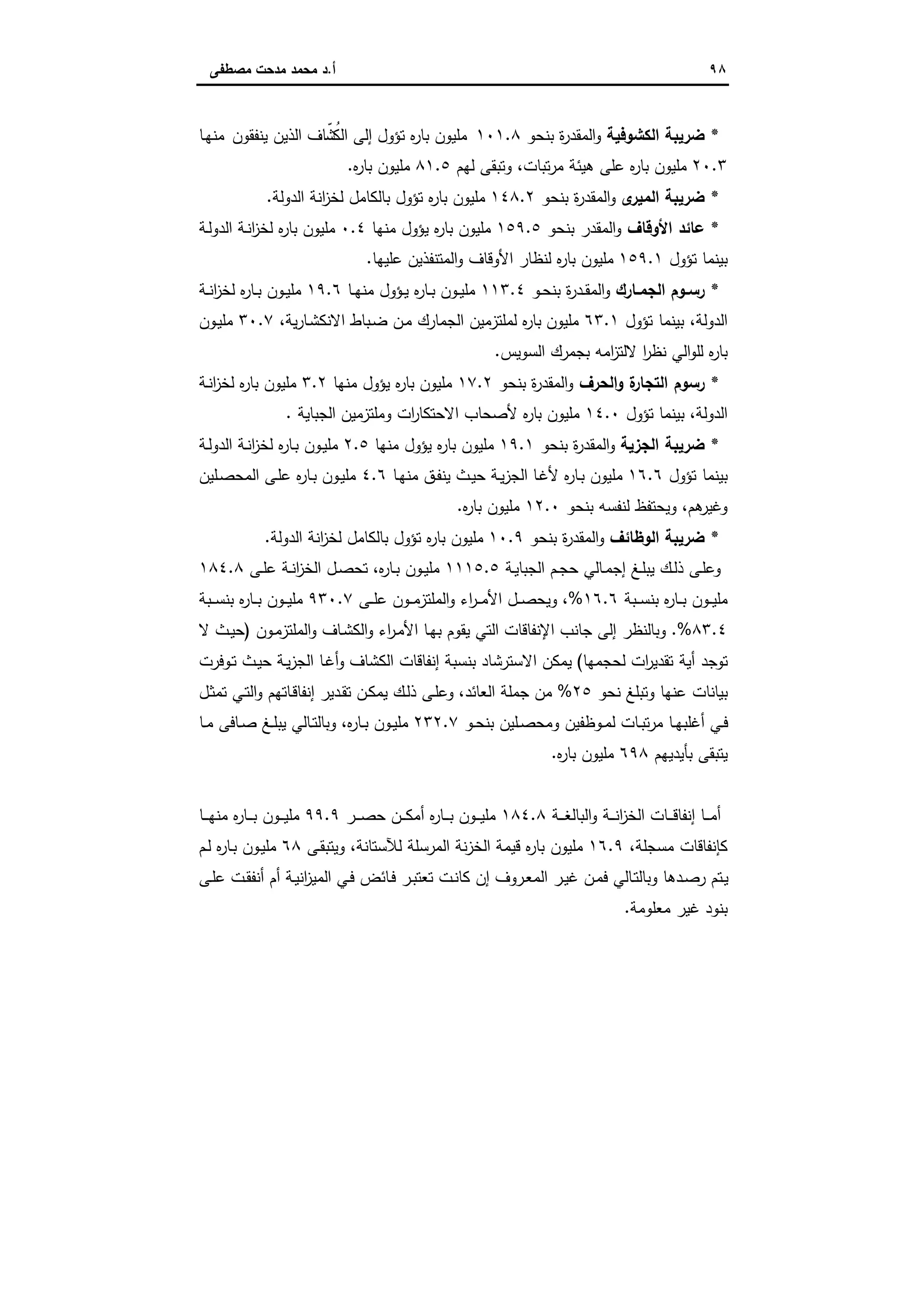 ٩٨‫أ‬.‫ﻣﺻطﻔﻰ‬ ‫ﻣدﺣت‬ ‫ﻣﺣﻣد‬ ‫د‬
*‫اﻟﻛﺷوﻓﯾﺔ‬ ‫ﺿرﯾﺑﺔ‬‫ا‬‫و‬‫ﺑﻧﺣو‬ ‫ة‬‫ر‬‫ﻟﻣﻘد‬١٠١.٨‫ﯾﻧﻔﻘون‬ ‫اﻟذﯾن‬ ‫ﺎف‬ّ‫ُﺷ‬‫اﻟﻛ‬ ‫إﻟﻰ‬ ‫ﺗؤول‬ ‫ﻩ‬‫ر‬‫ﺑﺎ‬ ‫ﻣﻠﯾون‬‫ـﺎ‬‫ﻬ‬‫ﻣﻧ‬
٢٠.٣‫ﺗﺑﺎت‬‫ر‬‫ﻣ‬ ‫ﻫﯾﺋﺔ‬ ‫ﻋﻠﻰ‬ ‫ﻩ‬‫ر‬‫ﺑﺎ‬ ‫ﻣﻠﯾون‬،‫ﻟﻬم‬ ‫وﺗﺑﻘﻰ‬٨١.٥‫ﻩ‬‫ر‬‫ﺑﺎ‬ ‫ﻣﻠﯾون‬.
*‫ى‬‫اﻟﻣﯾر‬ ‫ﺿرﯾﺑﺔ‬‫ﺑﻧﺣو‬ ‫ة‬‫ر‬‫اﻟﻣﻘد‬‫و‬١٤٨.٢‫اﻟدوﻟﺔ‬ ‫اﻧﺔ‬‫ز‬‫ﻟﺧ‬ ‫ﺑﺎﻟﻛﺎﻣل‬ ‫ﺗؤول‬ ‫ﻩ‬‫ر‬‫ﺑﺎ‬ ‫ﻣﻠﯾون‬.
*‫اﻷوﻗﺎف‬ ‫ﻋﺎﺋد‬‫ﺑﻧﺣو‬ ‫اﻟﻣﻘدر‬‫و‬١٥٩.٥‫ﯾ‬ ‫ﻩ‬‫ر‬‫ﺑﺎ‬ ‫ﻣﻠﯾون‬‫ﻣﻧﻬﺎ‬ ‫ؤول‬٠.٤‫ـﺔ‬‫ﻧ‬‫ا‬‫ز‬‫ﻟﺧ‬ ‫ﻩ‬‫ر‬‫ﺑﺎ‬ ‫ﻣﻠﯾون‬‫ـﺔ‬‫ﻟ‬‫اﻟدو‬
‫ﺗؤول‬ ‫ﺑﯾﻧﻣﺎ‬١٥٩.١‫ﻋﻠﯾﻬﺎ‬ ‫اﻟﻣﺗﻧﻔذﯾن‬‫و‬ ‫اﻷوﻗﺎف‬ ‫ﻟﻧظﺎر‬ ‫ﻩ‬‫ر‬‫ﺑﺎ‬ ‫ﻣﻠﯾون‬.
*‫ـﺎرك‬‫ـ‬‫اﻟﺟﻣ‬ ‫ـوم‬‫ـ‬‫رﺳ‬‫ـو‬‫ـ‬‫ﺣ‬‫ﺑﻧ‬ ‫ة‬‫ر‬‫ـد‬‫ـ‬‫ﻘ‬‫اﻟﻣ‬‫و‬١١٣.٤‫ـون‬‫ـ‬‫ﯾ‬‫ﻣﻠ‬‫ـﺎ‬‫ـ‬‫ﻬ‬‫ﻣﻧ‬ ‫ـؤول‬‫ـ‬‫ﯾ‬ ‫ﻩ‬‫ر‬‫ـﺎ‬‫ـ‬‫ﺑ‬١٩.٦‫ﻩ‬‫ر‬‫ـﺎ‬‫ـ‬‫ﺑ‬ ‫ـون‬‫ـ‬‫ﯾ‬‫ﻣﻠ‬‫ـﺔ‬‫ـ‬‫ﻧ‬‫ا‬‫ز‬‫ﻟﺧ‬
‫اﻟدوﻟﺔ‬،‫ﺗؤول‬ ‫ﺑﯾﻧﻣﺎ‬٦٣.١‫ﻣﻠﯾون‬‫ـﺑﺎط‬‫ﺿ‬ ‫ـن‬‫ﻣ‬ ‫اﻟﺟﻣﺎرك‬ ‫ﻟﻣﻠﺗزﻣﯾن‬ ‫ﻩ‬‫ر‬‫ﺑﺎ‬‫ﯾﺔ‬‫ر‬‫ـﺎ‬‫ﺷ‬‫اﻻﻧﻛ‬،٣٠.٧‫ـون‬‫ﯾ‬‫ﻣﻠ‬
‫ﻟ‬ ‫ﻩ‬‫ر‬‫ﺑﺎ‬‫اﻟﺳوﯾس‬ ‫ﺑﺟﻣرك‬ ‫اﻣﻪ‬‫ز‬‫ﻻﻟﺗ‬ ‫ا‬‫ر‬‫ﻧظ‬ ‫اﻟﻲ‬‫و‬‫ﻠ‬.
*‫اﻟﺣرف‬‫و‬ ‫ة‬‫اﻟﺗﺟﺎر‬ ‫رﺳوم‬‫ﺑﻧﺣو‬ ‫ة‬‫ر‬‫اﻟﻣﻘد‬‫و‬١٧.٢‫ﻣﻠﯾون‬‫ﻣﻧﻬﺎ‬ ‫ﯾؤول‬ ‫ﻩ‬‫ر‬‫ﺑﺎ‬٣.٢‫ﻩ‬‫ر‬‫ﺑﺎ‬ ‫ﻣﻠﯾون‬‫ـﺔ‬‫ﻧ‬‫ا‬‫ز‬‫ﻟﺧ‬
‫اﻟدوﻟﺔ‬،‫ﺗؤول‬ ‫ﺑﯾﻧﻣﺎ‬١٤.٠‫ﺑ‬ ‫ﻣﻠﯾون‬‫وﻣﻠﺗزﻣﯾن‬ ‫ات‬‫ر‬‫اﻻﺣﺗﻛﺎ‬ ‫ﻷﺻﺣﺎب‬ ‫ﻩ‬‫ر‬‫ﺎ‬‫اﻟﺟﺑﺎﯾﺔ‬.
*‫اﻟﺟزﯾﺔ‬ ‫ﺿرﯾﺑﺔ‬‫ﺑﻧﺣو‬ ‫ة‬‫ر‬‫اﻟﻣﻘد‬‫و‬١٩.١‫ﯾ‬ ‫ﻩ‬‫ر‬‫ﺑﺎ‬ ‫ﻣﻠﯾون‬‫ﻣﻧﻬﺎ‬ ‫ؤول‬٢.٥‫ـ‬‫ﺑ‬ ‫ـون‬‫ﯾ‬‫ﻣﻠ‬‫ـﺔ‬‫ﻧ‬‫ا‬‫ز‬‫ﻟﺧ‬ ‫ﻩ‬‫ر‬‫ﺎ‬‫ـﺔ‬‫ﻟ‬‫اﻟدو‬
‫ﺗؤول‬ ‫ﺑﯾﻧﻣﺎ‬١٦.٦‫ـﺎ‬‫ﻏ‬‫ﻷ‬ ‫ﻩ‬‫ر‬‫ـﺎ‬‫ﺑ‬ ‫ﻣﻠﯾون‬‫ـﺎ‬‫ﻬ‬‫ﻣﻧ‬ ‫ـق‬‫ﻔ‬‫ﯾﻧ‬ ‫ـث‬‫ﯾ‬‫ﺣ‬ ‫ـﺔ‬‫ﯾ‬‫ز‬‫اﻟﺟ‬٤.٦‫ـون‬‫ﯾ‬‫ﻣﻠ‬‫ـﻠﯾن‬‫ﺻ‬‫اﻟﻣﺣ‬ ‫ـﻰ‬‫ﻠ‬‫ﻋ‬ ‫ﻩ‬‫ر‬‫ـﺎ‬‫ﺑ‬
‫ﻫم‬‫وﻏﯾر‬،‫ﺑﻧﺣو‬ ‫ﻟﻧﻔﺳﻪ‬ ‫وﯾﺣﺗﻔظ‬١٢.٠‫ﻩ‬‫ر‬‫ﺑﺎ‬ ‫ﻣﻠﯾون‬.
*‫اﻟوظﺎﺋف‬ ‫ﺿرﯾﺑﺔ‬‫ﺑﻧﺣو‬ ‫ة‬‫ر‬‫اﻟﻣﻘد‬‫و‬١٠.٩‫اﻟدوﻟﺔ‬ ‫اﻧﺔ‬‫ز‬‫ﻟﺧ‬ ‫ﺑﺎﻟﻛﺎﻣل‬ ‫ﺗؤول‬ ‫ﻩ‬‫ر‬‫ﺑﺎ‬ ‫ﻣﻠﯾون‬.
‫ـﺔ‬‫ﯾ‬‫اﻟﺟﺑﺎ‬ ‫ـم‬‫ـ‬‫ﺟ‬‫ﺣ‬ ‫ـﺎﻟﻲ‬‫ـ‬‫ﻣ‬‫إﺟ‬ ‫ـﻎ‬‫ﻠ‬‫ﯾﺑ‬ ‫ـك‬‫ـ‬‫ﻟ‬‫ذ‬ ‫ـﻰ‬‫ﻠ‬‫وﻋ‬١١١٥.٥‫ﻩ‬‫ر‬‫ـﺎ‬‫ـ‬‫ﺑ‬ ‫ـون‬‫ـ‬‫ﯾ‬‫ﻣﻠ‬،‫ـﻰ‬‫ـ‬‫ﻠ‬‫ﻋ‬ ‫ـﺔ‬‫ـ‬‫ﻧ‬‫ا‬‫ز‬‫اﻟﺧ‬ ‫ـل‬‫ﺻ‬‫ﺗﺣ‬١٨٤.٨
‫ـﺑﺔ‬‫ـ‬‫ـ‬‫ﺳ‬‫ﺑﻧ‬ ‫ﻩ‬‫ر‬‫ـﺎ‬‫ـ‬‫ـ‬‫ﺑ‬ ‫ـون‬‫ـ‬‫ـ‬‫ﯾ‬‫ﻣﻠ‬١٦.٦%،‫ـﻰ‬‫ـ‬‫ـ‬‫ﻠ‬‫ﻋ‬ ‫ـون‬‫ـ‬‫ـ‬‫ﻣ‬‫اﻟﻣﻠﺗز‬‫و‬ ‫اء‬‫ر‬‫ـ‬‫ـ‬‫ـ‬‫ﻣ‬‫اﻷ‬ ‫ـل‬‫ـ‬‫ـ‬‫ﺻ‬‫وﯾﺣ‬٩٣٠.٧‫ـﺑﺔ‬‫ـ‬‫ـ‬‫ﺳ‬‫ﺑﻧ‬ ‫ﻩ‬‫ر‬‫ـﺎ‬‫ـ‬‫ـ‬‫ﺑ‬ ‫ـون‬‫ـ‬‫ـ‬‫ﯾ‬‫ﻣﻠ‬
٨٣.٤%.‫ـون‬‫ﻣ‬‫اﻟﻣﻠﺗز‬‫و‬ ‫ـﺎف‬‫ﺷ‬‫اﻟﻛ‬‫و‬ ‫اء‬‫ر‬‫ـ‬‫ﻣ‬‫اﻷ‬ ‫ـﺎ‬‫ﻬ‬‫ﺑ‬ ‫ﯾﻘوم‬ ‫اﻟﺗﻲ‬ ‫اﻹﻧﻔﺎﻗﺎت‬ ‫ﺟﺎﻧب‬ ‫إﻟﻰ‬ ‫وﺑﺎﻟﻧظر‬)‫ﻻ‬ ‫ـث‬‫ﯾ‬‫ﺣ‬
‫ﻟﺣﺟﻣﻬﺎ‬ ‫ات‬‫ر‬‫ﺗﻘدﯾ‬ ‫أﯾﺔ‬ ‫ﺗوﺟد‬(‫اﻟﻛﺷﺎف‬ ‫إﻧﻔﺎﻗﺎت‬ ‫ﺑﻧﺳﺑﺔ‬ ‫اﻻﺳﺗرﺷﺎد‬ ‫ﯾﻣﻛن‬‫ـوﻓرت‬‫ﺗ‬ ‫ـث‬‫ﯾ‬‫ﺣ‬ ‫ـﺔ‬‫ﯾ‬‫ز‬‫اﻟﺟ‬ ‫ـﺎ‬‫ﻏ‬‫أ‬‫و‬
‫ﻧﺣو‬ ‫وﺗﺑﻠﻎ‬ ‫ﻋﻧﻬﺎ‬ ‫ﺑﯾﺎﻧﺎت‬٢٥%‫اﻟﻌﺎﺋد‬ ‫ﺟﻣﻠﺔ‬ ‫ﻣن‬،‫ـل‬‫ﺛ‬‫ﺗﻣ‬ ‫ـﻲ‬‫ﺗ‬‫اﻟ‬‫و‬ ‫ـﺎﺗﻬم‬‫ﻗ‬‫إﻧﻔﺎ‬ ‫ـدﯾر‬‫ﻘ‬‫ﺗ‬ ‫ـن‬‫ﻛ‬‫ﯾﻣ‬ ‫ـك‬‫ﻟ‬‫ذ‬ ‫ـﻰ‬‫ﻠ‬‫وﻋ‬
‫ـو‬‫ـ‬‫ﺣ‬‫ﺑﻧ‬ ‫ـﻠﯾن‬‫ـ‬‫ﺻ‬‫وﻣﺣ‬ ‫ـوظﻔﯾن‬‫ـ‬‫ﻣ‬‫ﻟ‬ ‫ـﺎت‬‫ـ‬‫ﺑ‬‫ﺗ‬‫ر‬‫ﻣ‬ ‫ـﺎ‬‫ـ‬‫ﻬ‬‫أﻏﻠﺑ‬ ‫ـﻲ‬‫ـ‬‫ﻓ‬٢٣٢.٧‫ﻩ‬‫ر‬‫ـﺎ‬‫ـ‬‫ﺑ‬ ‫ـون‬‫ـ‬‫ﯾ‬‫ﻣﻠ‬،‫ـﺎ‬‫ـ‬‫ﻣ‬ ‫ـﺎﻓﻰ‬‫ـ‬‫ﺻ‬ ‫ـﻎ‬‫ـ‬‫ﻠ‬‫ﯾﺑ‬ ‫ـﺎﻟﻲ‬‫ـ‬‫ﺗ‬‫وﺑﺎﻟ‬
‫ﺑﺄﯾدﯾﻬم‬ ‫ﯾﺗﺑﻘﻰ‬٦٩٨‫ﻩ‬‫ر‬‫ﺑﺎ‬ ‫ﻣﻠﯾون‬.
‫ـﺔ‬‫ـ‬‫ـ‬‫ـ‬‫ﻐ‬‫اﻟﺑﺎﻟ‬‫و‬ ‫ـﺔ‬‫ـ‬‫ـ‬‫ﻧ‬‫ا‬‫ز‬‫اﻟﺧ‬ ‫ـﺎت‬‫ـ‬‫ـ‬‫ـ‬‫ﻗ‬‫إﻧﻔﺎ‬ ‫ـﺎ‬‫ـ‬‫ـ‬‫ﻣ‬‫أ‬١٨٤.٨‫ـون‬‫ـ‬‫ـ‬‫ﯾ‬‫ﻣﻠ‬‫ـر‬‫ـ‬‫ـ‬‫ـ‬‫ﺻ‬‫ﺣ‬ ‫ـن‬‫ـ‬‫ـ‬‫ﻛ‬‫أﻣ‬ ‫ﻩ‬‫ر‬‫ـﺎ‬‫ـ‬‫ـ‬‫ـ‬‫ﺑ‬٩٩.٩‫ـﺎ‬‫ـ‬‫ـ‬‫ـ‬‫ﻬ‬‫ﻣﻧ‬ ‫ﻩ‬‫ر‬‫ـﺎ‬‫ـ‬‫ـ‬‫ـ‬‫ﺑ‬ ‫ـون‬‫ـ‬‫ـ‬‫ﯾ‬‫ﻣﻠ‬
‫ﻣﺳﺟﻠﺔ‬ ‫ﻛﺈﻧﻔﺎﻗﺎت‬،١٦.٩‫ﻟﻶﺳﺗﺎﻧﺔ‬ ‫اﻟﻣرﺳﻠﺔ‬ ‫ﻧﺔ‬‫ز‬‫اﻟﺧ‬ ‫ﻗﯾﻣﺔ‬ ‫ﻩ‬‫ر‬‫ﺑﺎ‬ ‫ﻣﻠﯾون‬،‫ـﻰ‬‫ﻘ‬‫وﯾﺗﺑ‬٦٨‫ـم‬‫ﻟ‬ ‫ﻩ‬‫ر‬‫ـﺎ‬‫ﺑ‬ ‫ـون‬‫ﯾ‬‫ﻣﻠ‬
‫ـﻰ‬‫ﻠ‬‫ﻋ‬ ‫ـت‬‫ﻘ‬‫أﻧﻔ‬ ‫أم‬ ‫ـﺔ‬‫ﯾ‬‫اﻧ‬‫ز‬‫اﻟﻣﯾ‬ ‫ـﻲ‬‫ﻓ‬ ‫ـﺎﺋض‬‫ﻓ‬ ‫ـر‬‫ﺑ‬‫ﺗﻌﺗ‬ ‫ـت‬‫ﻧ‬‫ﻛﺎ‬ ‫إن‬ ‫ـروف‬‫ﻌ‬‫اﻟﻣ‬ ‫ـر‬‫ﯾ‬‫ﻏ‬ ‫ـن‬‫ﻣ‬‫ﻓ‬ ‫ـﺎﻟﻲ‬‫ﺗ‬‫وﺑﺎﻟ‬ ‫ـدﻫﺎ‬‫ﺻ‬‫ر‬ ‫ـﺗم‬‫ﯾ‬
‫ﻣﻌﻠوﻣﺔ‬ ‫ﻏﯾر‬ ‫ﺑﻧود‬.
 
