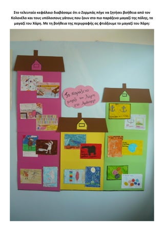 Στο τελευταίο κεφάλαιο διαβάσαμε ότι ο Ζορμπάς πήγε να ζητήσει βοήθεια από τον
Κολονέλο και τους υπόλοιπους γάτους που ζουν στο πιο παράξενο μαγαζί της πόλης, το
μαγαζί του Χάρη. Με τη βοήθεια της περιγραφής ας φτιάξουμε το μαγαζί του Χάρη:
 