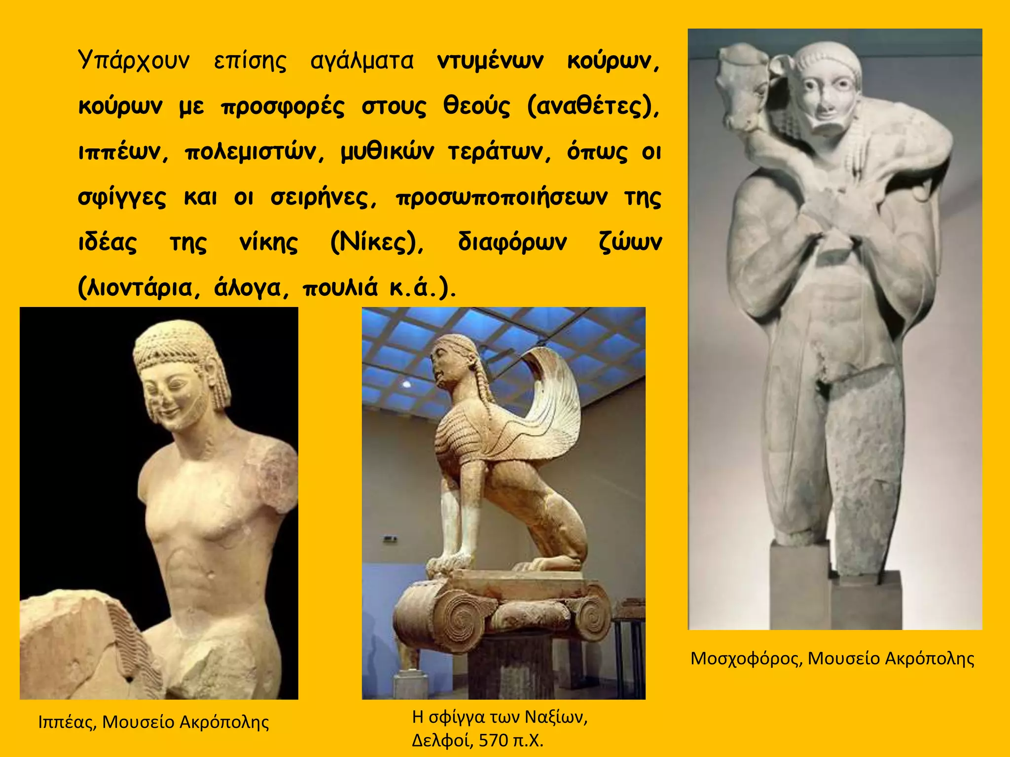 Yπάρχουν επίσης αγάλματα ντυμένων κούρων, κούρων
με προσφορές στους θεούς (αναθέτες), ιππέων,
πολεμιστών, μυθικών τεράτων, όπως οι σφίγγες και οι
σειρήνες, προσωποποιήσεων της ιδέας της νίκης
(Νίκες), διαφόρων ζώων (λιοντάρια, άλογα, πουλιά
κ.ά.).
Mοσχοφόρος, Μουσείο Ακρόπολης
Ιππέας, Μουσείο Ακρόπολης Η σφίγγα των Ναξίων,
Δελφοί, 570 π.Χ.
 