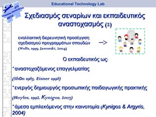 πΣχεδιασμός σεναρίων και εκ αιδευτικόςπΣχεδιασμός σεναρίων και εκ αιδευτικός
(2)αναστοχασμός (2)αναστοχασμός
Educational Technology Lab
πεναλλακτική διερευνητική ροσέγγισηπεναλλακτική διερευνητική ροσέγγιση
π πσχεδιασμού ρογραμμάτων σ ουδώνπ πσχεδιασμού ρογραμμάτων σ ουδών
((WellsWells, 1999,, 1999, JaworskiJaworski, 2004), 2004)
π :Ο εκ αιδευτικός ωςπ :Ο εκ αιδευτικός ως
• παναστοχαζόμενος ε αγγελματίαςπαναστοχαζόμενος ε αγγελματίας
((ShShοοnn 1985,1985, EisnerEisner 1998)1998)
• π π π πενεργός δημιουργός ροσω ικής αιδαγωγικής ρακτικήςπ π π πενεργός δημιουργός ροσω ικής αιδαγωγικής ρακτικής
((HoylesHoyles, 1992, Κ, 1992, Κynigosynigos, 2003, 2003))
• πάμεσα εμ λεκόμενος στην καινοτομίαπάμεσα εμ λεκόμενος στην καινοτομία ((Kynigos & ArgyrisKynigos & Argyris,,
2004)2004)
 