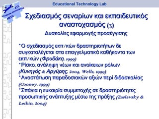πΣχεδιασμός σεναρίων και εκ αιδευτικόςπΣχεδιασμός σεναρίων και εκ αιδευτικός
(3)αναστοχασμός (3)αναστοχασμός
Educational Technology Lab
πΔυσκολίες εφαρμογής ροσέγγισηςπΔυσκολίες εφαρμογής ροσέγγισης
• π/Ο σχεδιασμός εκ κών δραστηριοτήτων δεπ/Ο σχεδιασμός εκ κών δραστηριοτήτων δε
πσυγκαταλέγεται στα ε αγγελματικά καθήκοντα τωνπσυγκαταλέγεται στα ε αγγελματικά καθήκοντα των
π/εκ κώνπ/εκ κών (( , 1999)Φρυδάκη, 1999)Φρυδάκη
• ,Ρίσκο ανάληψη νέων και ανοίκειων ρόλων,Ρίσκο ανάληψη νέων και ανοίκειων ρόλων
( & , 2004,Κυνηγός Αργύρης( & , 2004,Κυνηγός Αργύρης Wells, 1999)Wells, 1999)
• π πΑναστάτωση αραδοσιακών αξιών ερί διδασκαλίαςπ πΑναστάτωση αραδοσιακών αξιών ερί διδασκαλίας
((Cooney, 1999)Cooney, 1999)
• πΣ άνια η ευκαιρία συμμετοχής σε δραστηριότητεςπΣ άνια η ευκαιρία συμμετοχής σε δραστηριότητες
π π π προσω ικής ανά τυξης μέσω της ράξηςπ π π προσω ικής ανά τυξης μέσω της ράξης ((Zaslavsky &Zaslavsky &
Leikin, 2004)Leikin, 2004)
 